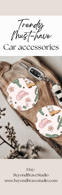 Cute Car Accessories Decor Preppy Car Coaster Set of 2 Retro Floral Car Coaster Trendy Car Coaster Gift for Teenager Gift for First Car