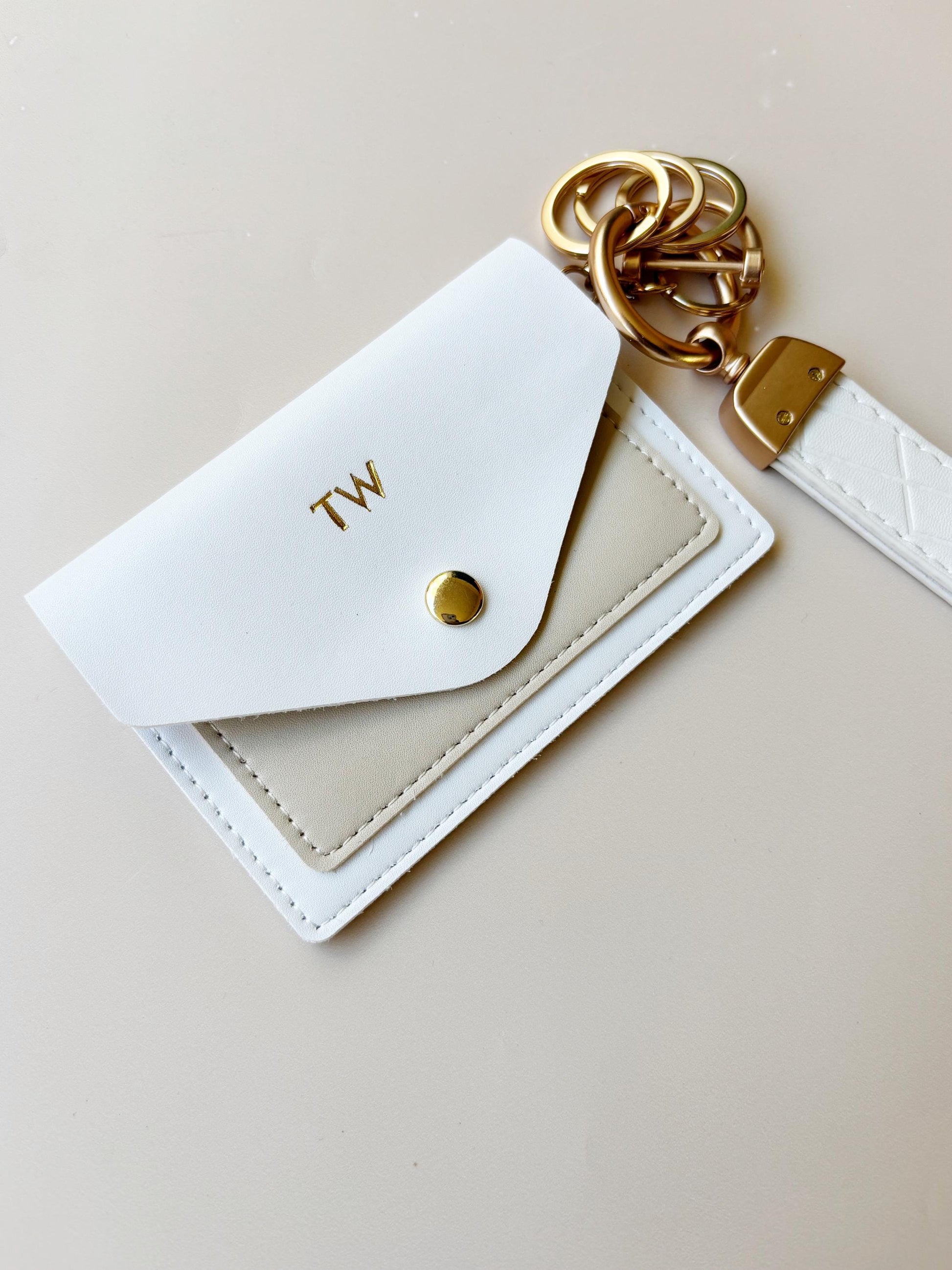 Monogram Keychain Wallet Card Holder Initial Wristlet Accessory Travel Gift Bridesmaid Present Concert White Leather Minimalist Wallet