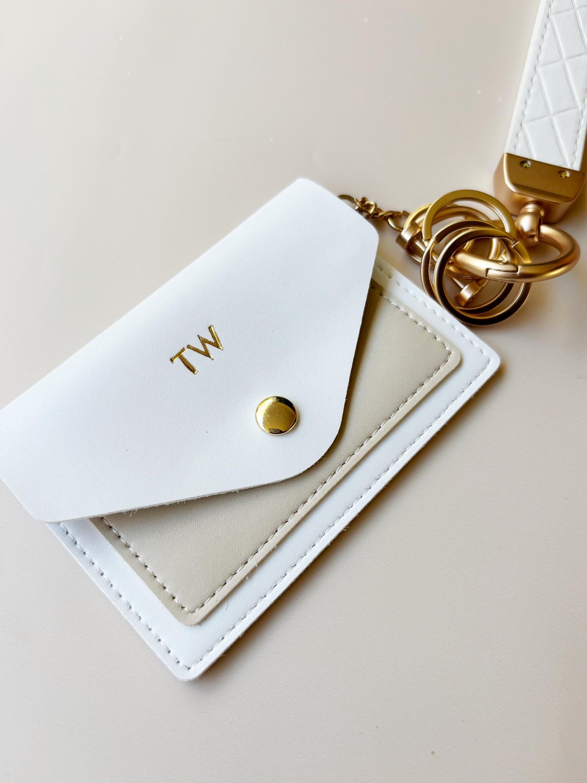 Monogram Keychain Wallet Card Holder Initial Wristlet Accessory Travel Gift Bridesmaid Present Concert White Leather Minimalist Wallet
