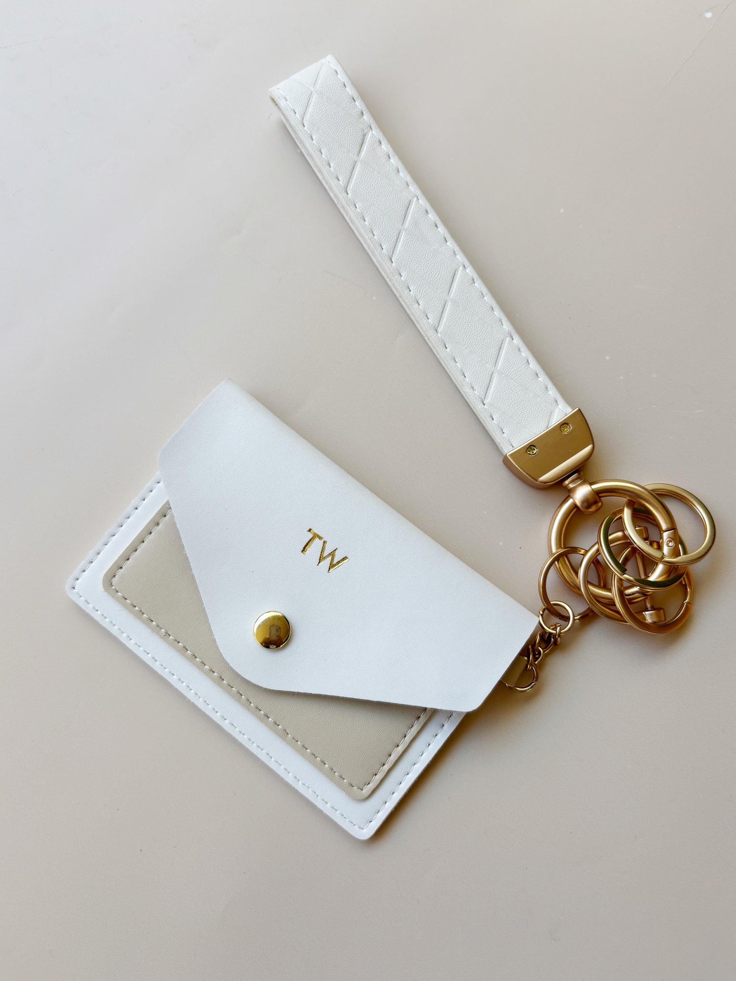 Monogram Keychain Wallet Card Holder Initial Wristlet Accessory Travel Gift Bridesmaid Present Concert White Leather Minimalist Wallet