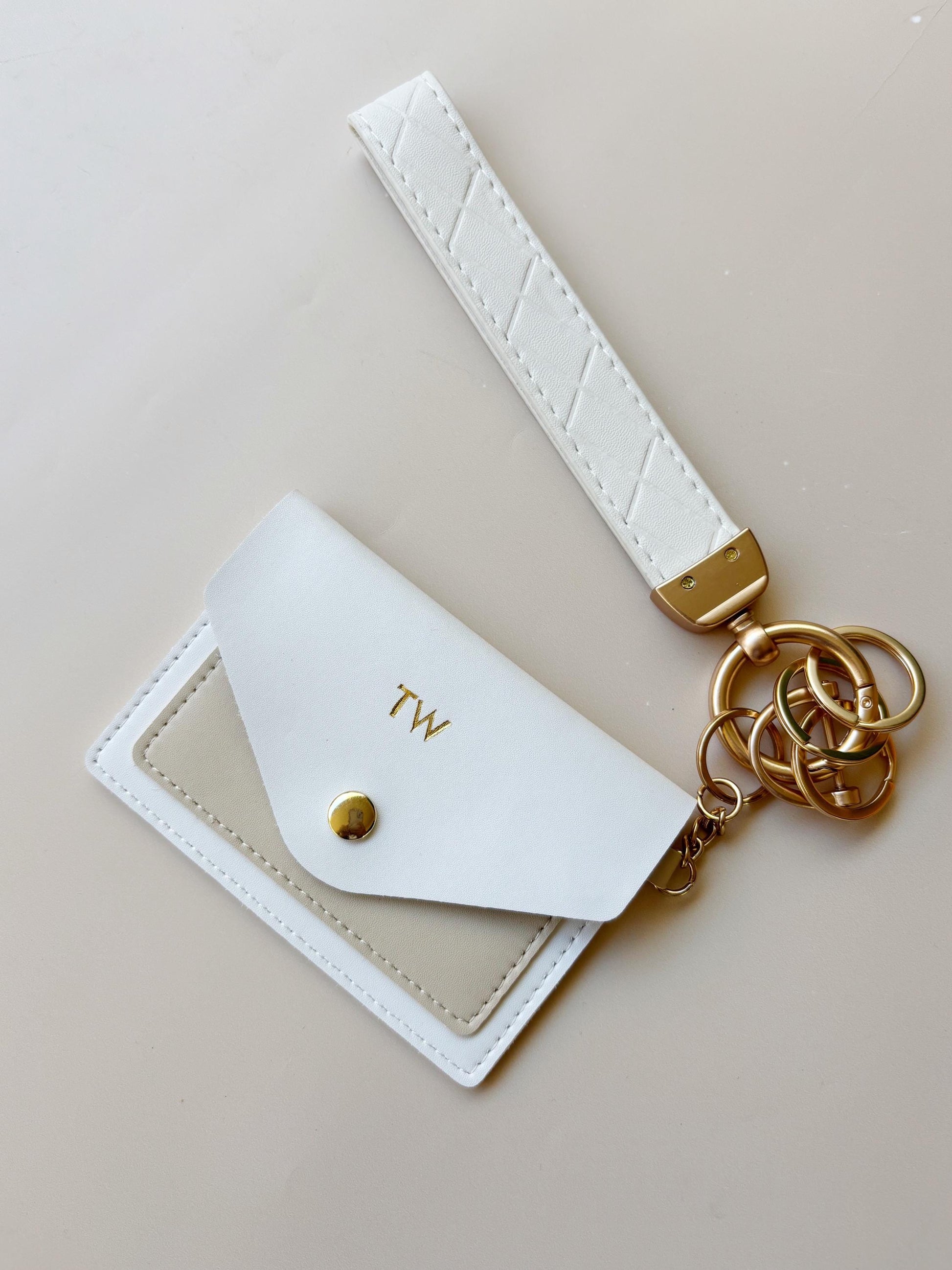 Monogram Keychain Wallet Card Holder Initial Wristlet Accessory Travel Gift Bridesmaid Present Concert White Leather Minimalist Wallet