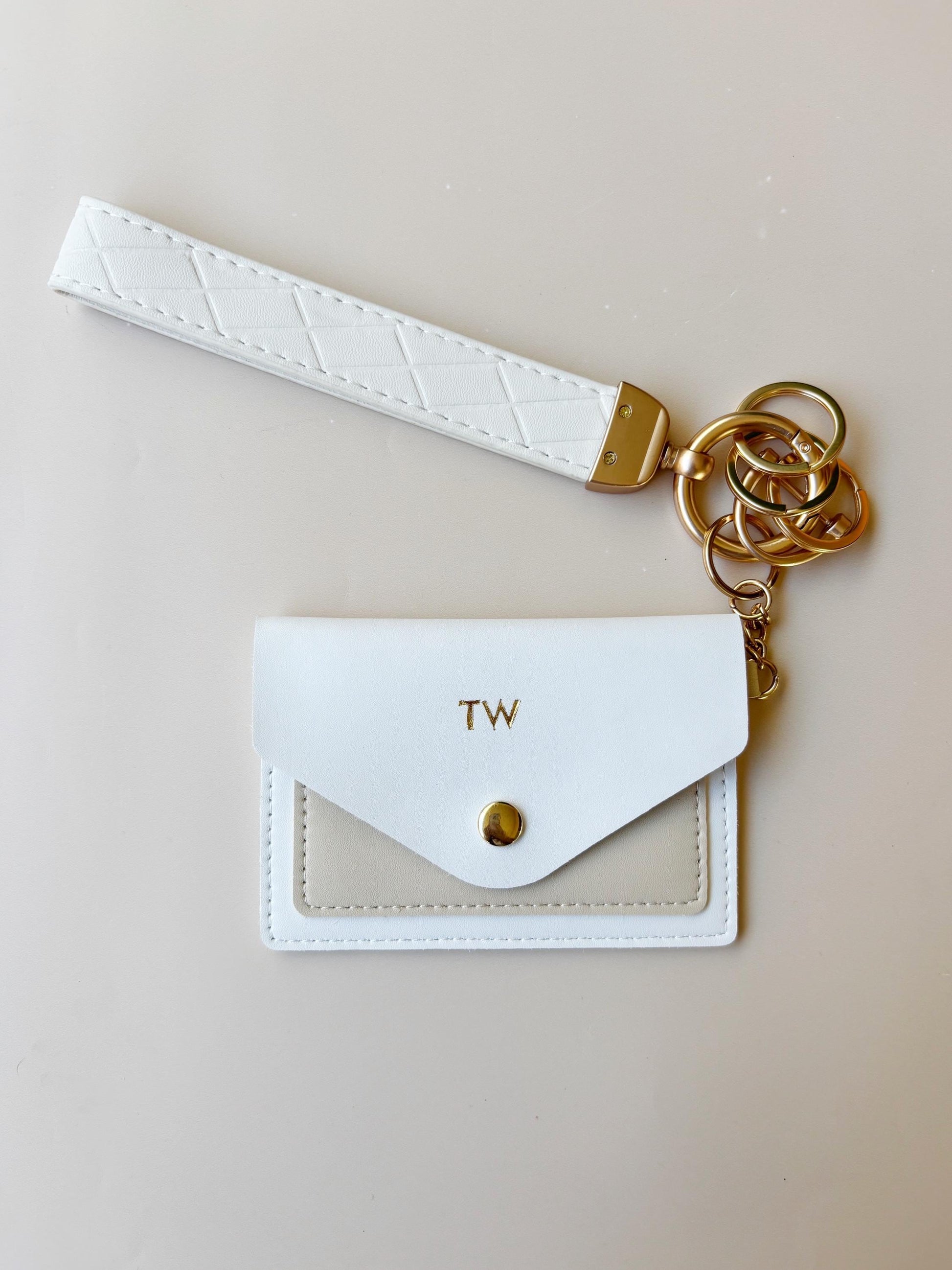 Monogram Keychain Wallet Card Holder Initial Wristlet Accessory Travel Gift Bridesmaid Present Concert White Leather Minimalist Wallet