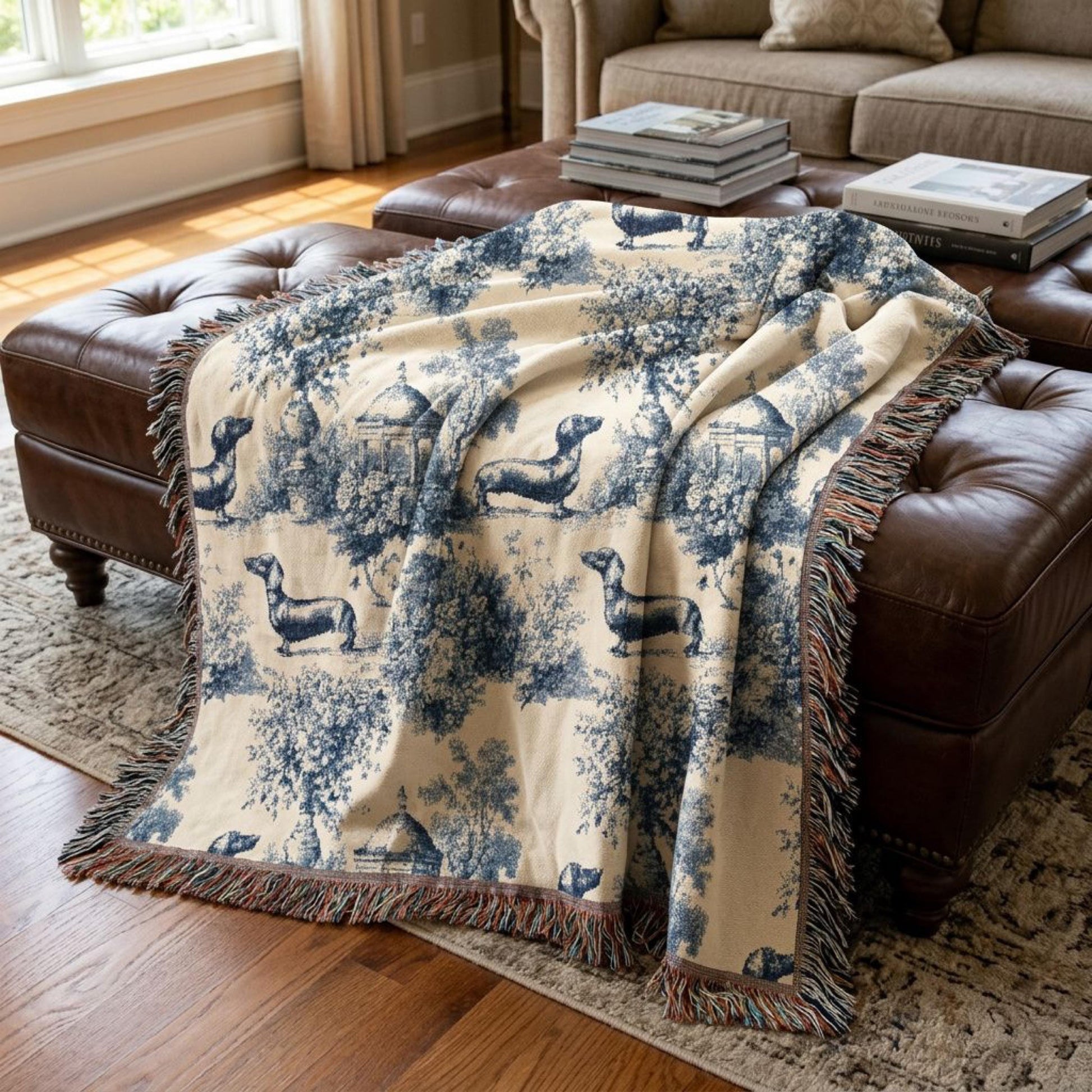 Dachshund Throw Blanket Pet Lover Wiener Dog Cotton Woven Blue Toile Garden Tapestry Parent New Pet Dachshund Breed Dog Lover Couch Lap Sofa