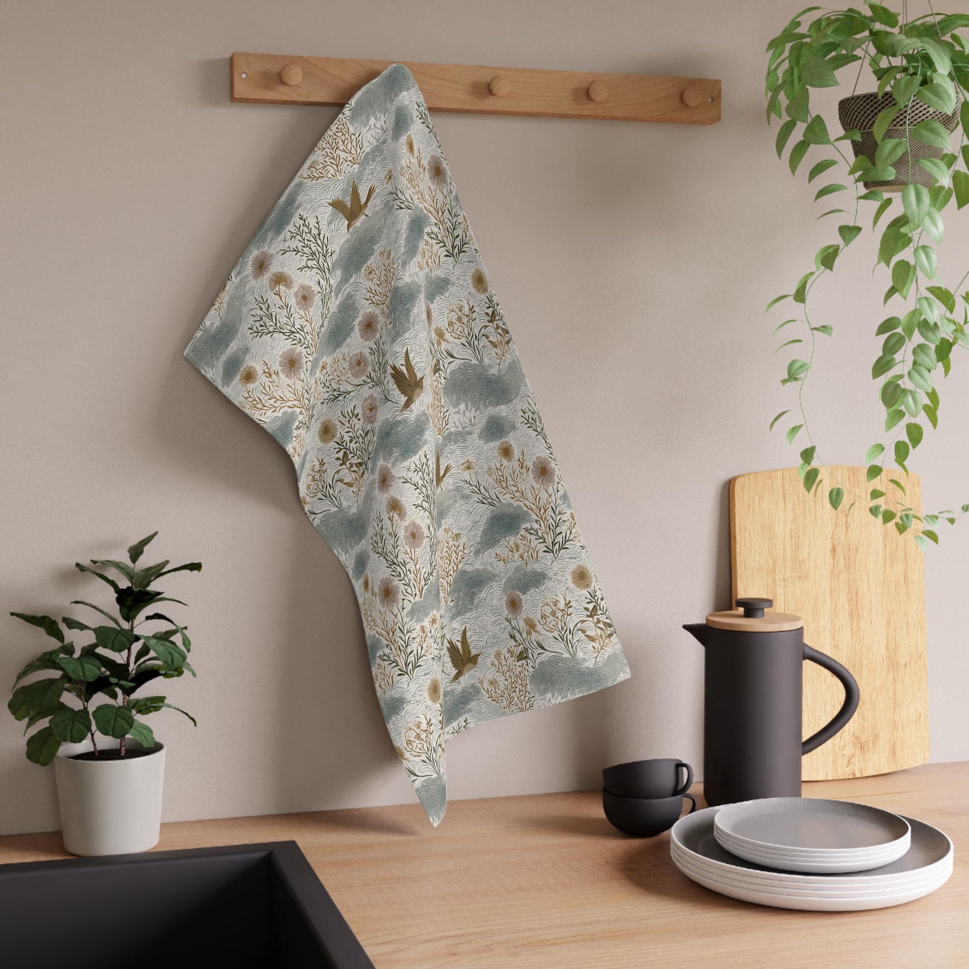 Sage Green Towel Hostess Gift New Homeowner Kitchen Tea Cloth Botanical Print Interior Decorator Cozy Homebody Gift Baker Cook Wildflower