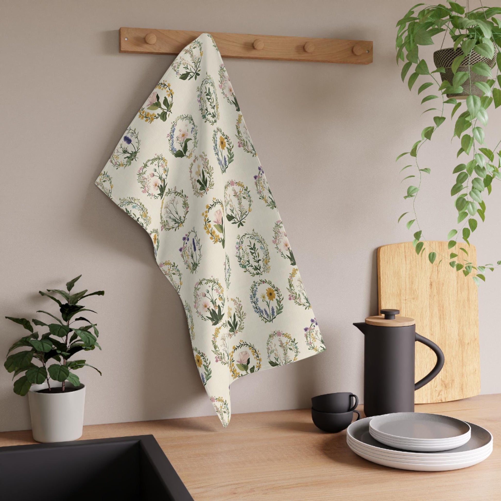 Gift for Hostess Tea Towel Kitchen Botanical Print Floral Motif Farmhouse Style Cottage Home Housewarming Gift Vintage Design Cream Cotton