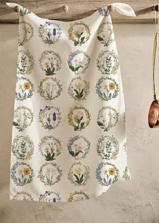 Gift for Hostess Tea Towel Kitchen Botanical Print Floral Motif Farmhouse Style Cottage Home Housewarming Gift Vintage Design Cream Cotton