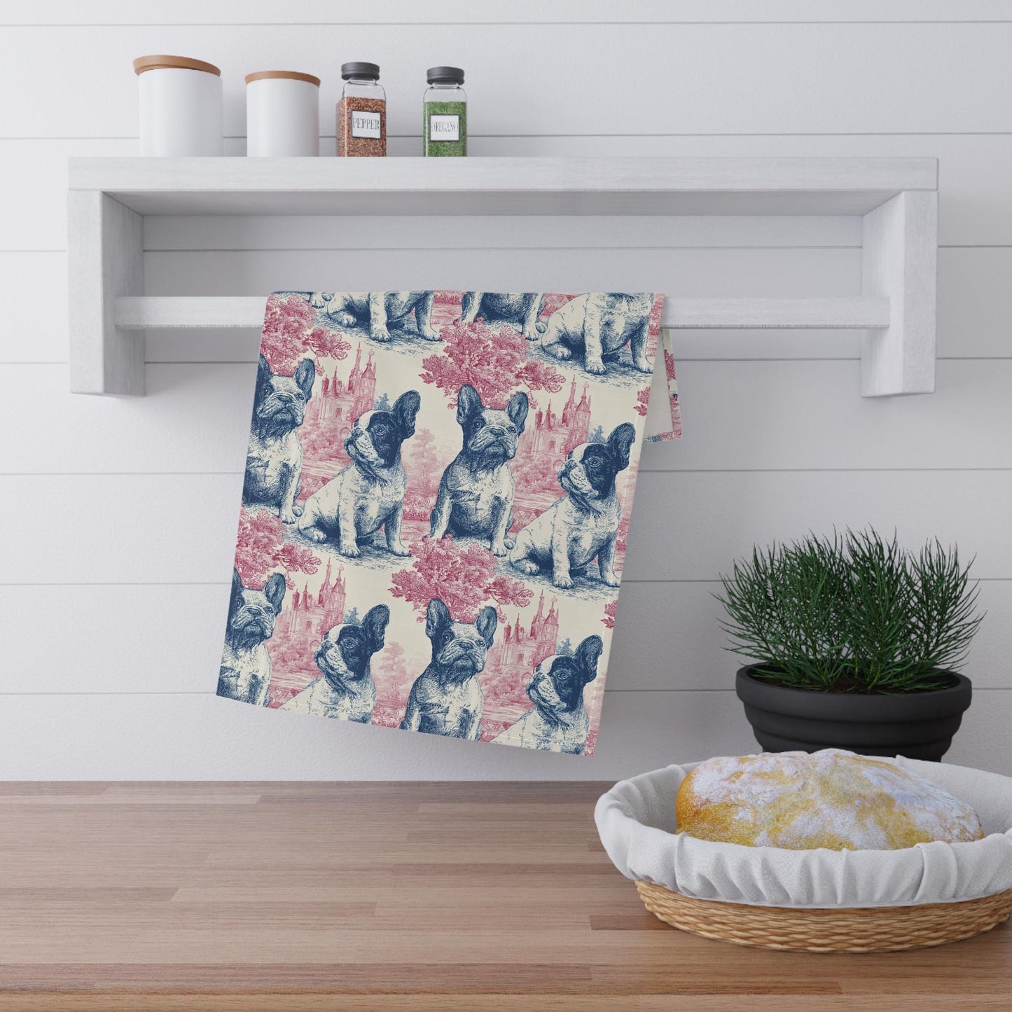 French Bulldog Towel Kitchen Gift Dog Fan Housewarming Present Farmhouse Style Cotton Hemmed Towel Absorbent Dish Cloth Toile Pattern Blue