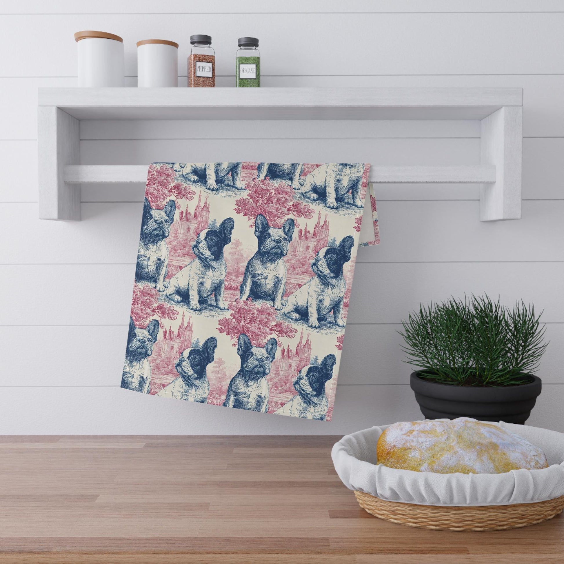French Bulldog Towel Kitchen Gift Dog Fan Housewarming Present Farmhouse Style Cotton Hemmed Towel Absorbent Dish Cloth Toile Pattern Blue