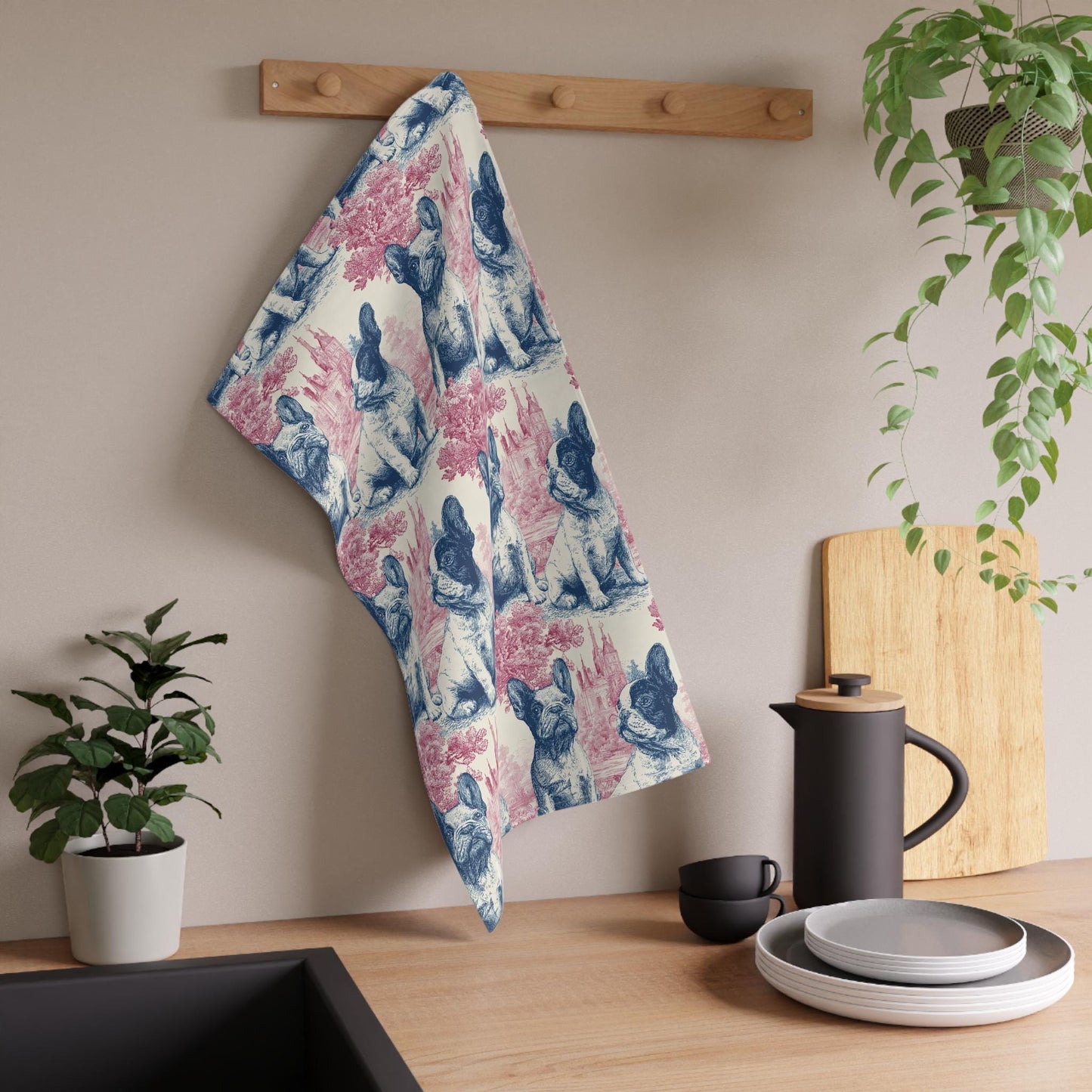 French Bulldog Towel Kitchen Gift Dog Fan Housewarming Present Farmhouse Style Cotton Hemmed Towel Absorbent Dish Cloth Toile Pattern Blue