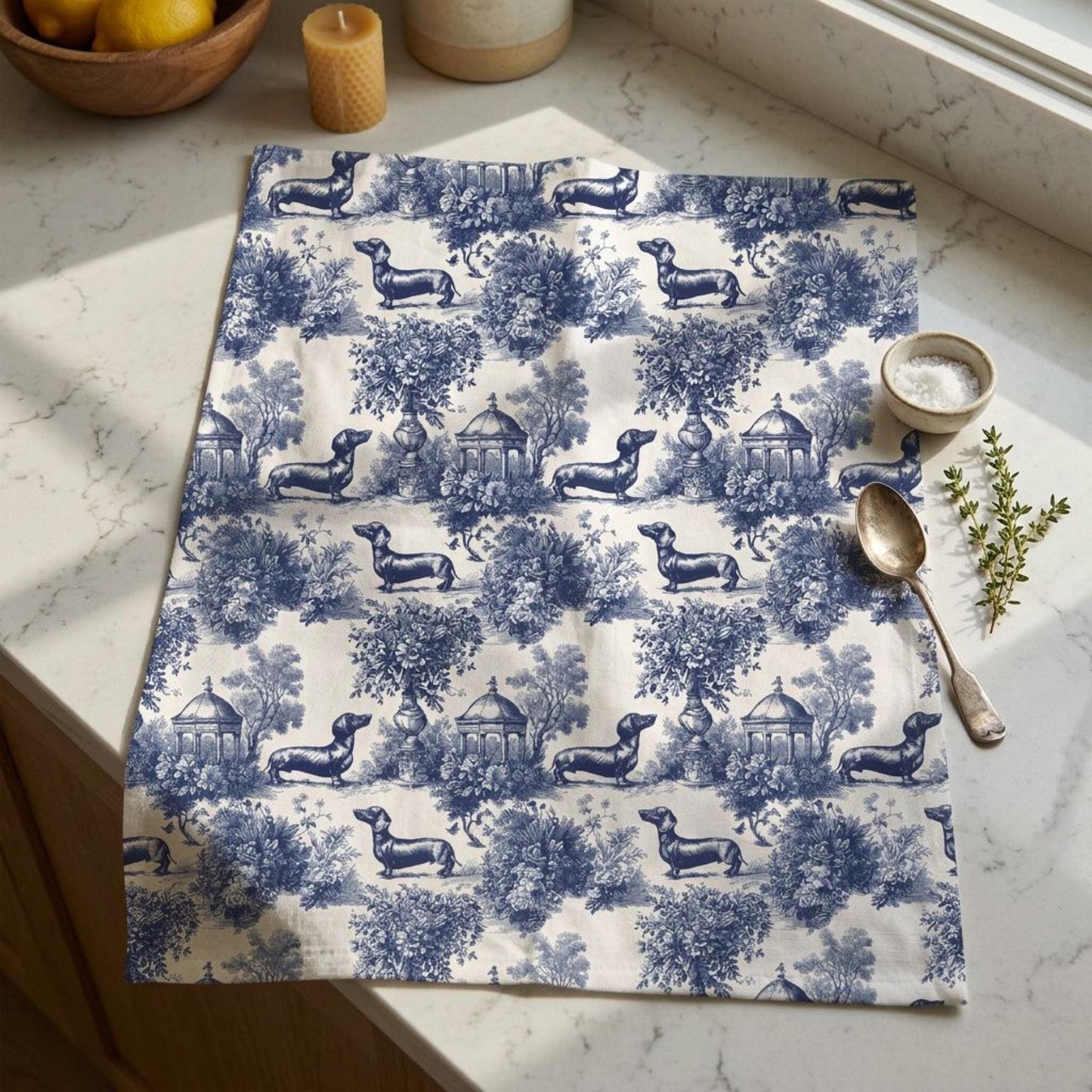 Dachshund Kitchen Towel Gift Dog Mom Dad Pet Parent French Toile Pattern Blue White Design Garden Scene Wiener Breed Display Tea Towel Baking Essential Grilling Kitchen Functional Cotton Fabric Hemmed Edges Home Styling Collection French