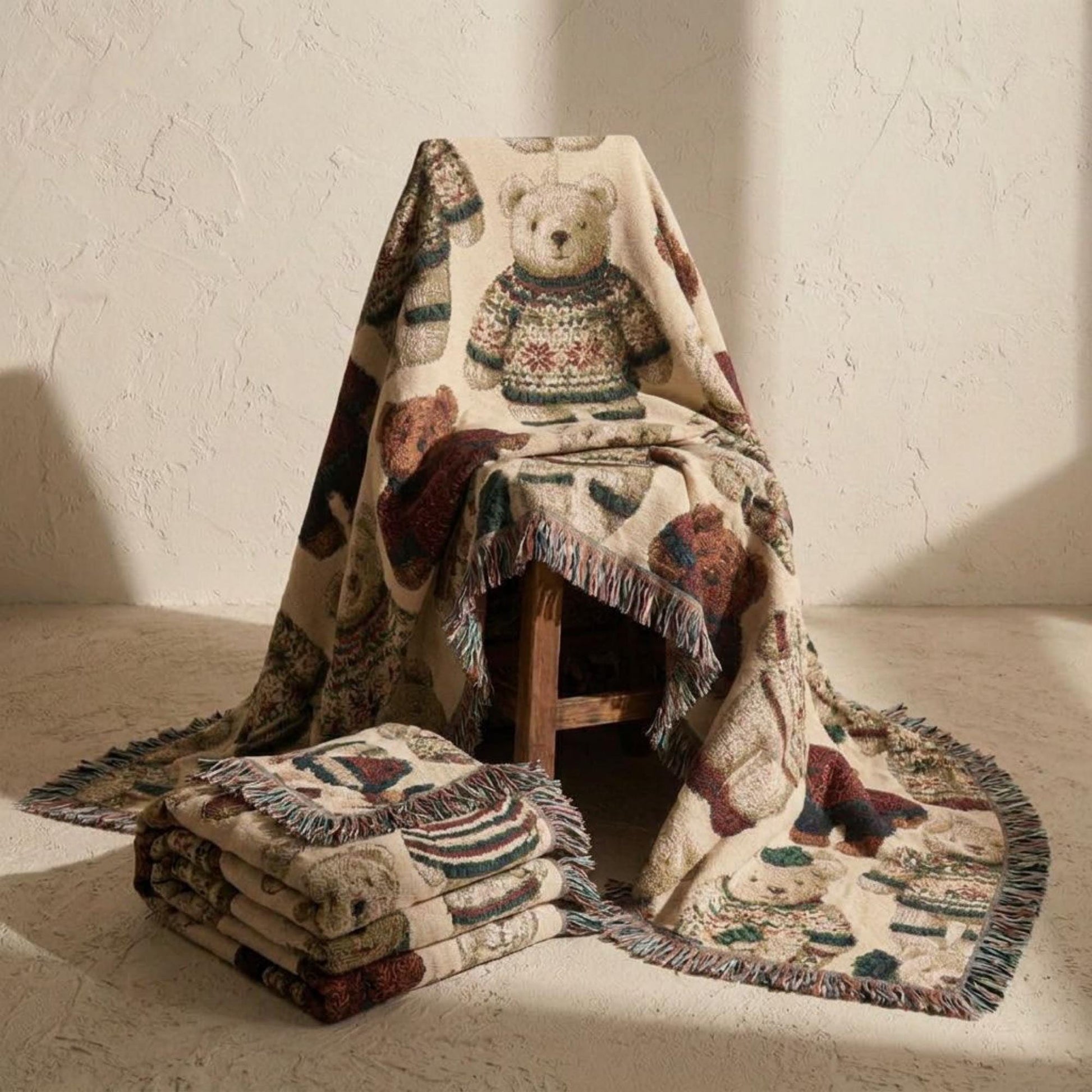 Teddy Bear Blanket Christmas Gift Children Nursery Winter Throw Cotton Woven Tapestry Fringe Farmhouse Holiday Cozy Sofa Chair Accent Cream