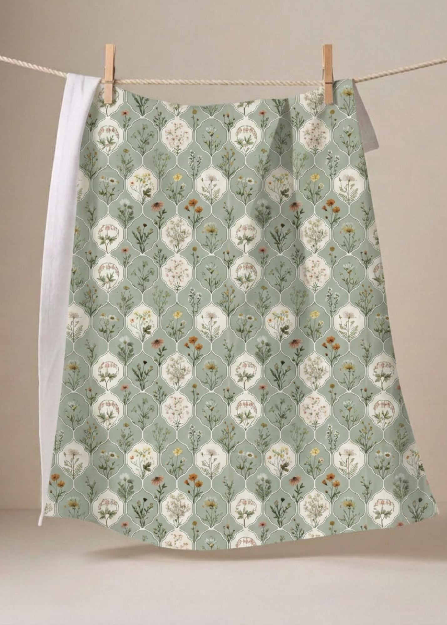 Housewarming Gift Kitchen Towel Sage Green Farmhouse Style Host Hostess Appreciation Present New Home Party Gift Botanical Wildflower Pattern Vintage Design Teardrop Medallion Country Kitchen Textile Cream Rust Orange Mustard Yellow Olive