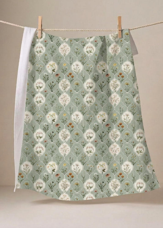 Housewarming Gift Kitchen Towel Sage Green Farmhouse Style Host Hostess Appreciation Present New Home Party Gift Botanical Wildflower Pattern Vintage Design Teardrop Medallion Country Kitchen Textile Cream Rust Orange Mustard Yellow Olive