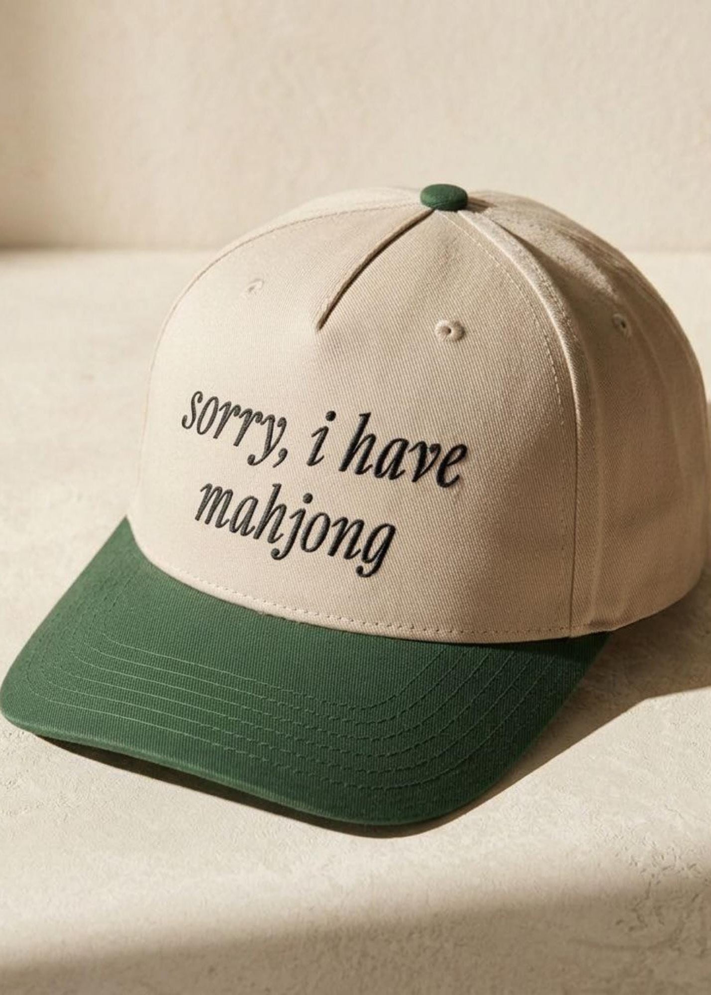 Mahjong Baseball Cap Embroidered Game Night Hat Two Tone Design Beige Crown Dark Green Brim Adjustable Snapback Closure Cotton Polyester Blend Structured Five Panel Construction Game Player Gift Idea Enthusiast Accessory Collection Casual