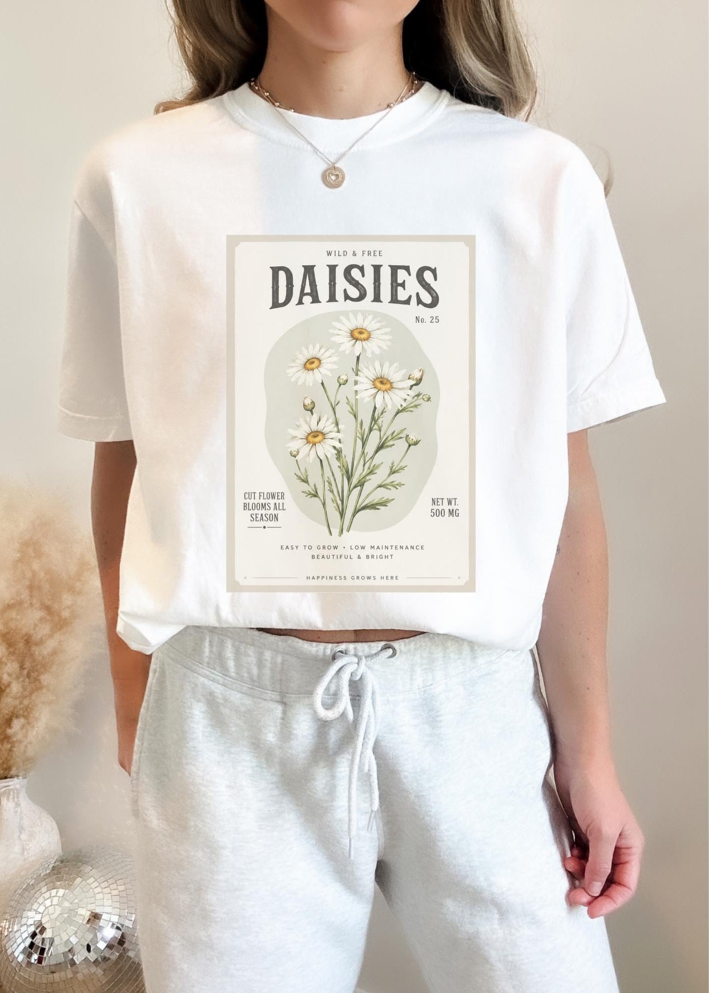 Daisy Birth Flower Shirt Vintage Botanical Cotton Tee Gardening Lover Apparel Plant Parent Gift Cream Colored Unisex Clothing Summer Casual Wear Nature Inspired Design Perfect Gardener Present Reader Gift Comfortable Daily Wear Cottage Core