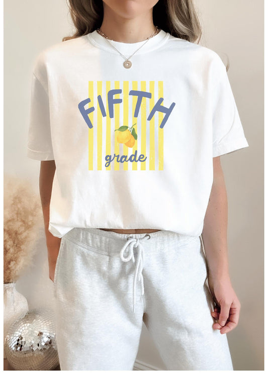 Fifth Grade Teacher Team Shirt Custom Elementary Group Matching Apparel Cotton Unisex Tee Retro Typography Design Yellow Stripe Pattern Lemon Graphic Details Back School Year Outfit Perfect Teacher Gift Student Appreciation Present Grade