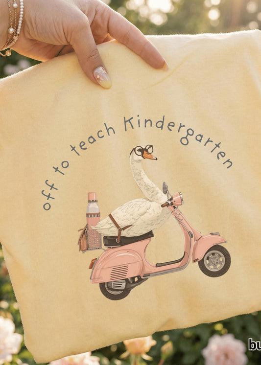 Kindergarten Teacher Appreciation Gift Shirt Cotton Tee Goose Riding Pink Scooter Design Retro Cottagecore Aesthetic Graphic Educator Birthday Present Instructor Outfit Classroom Teaching Wear Comfort Colors Quality Soft Fabric Women