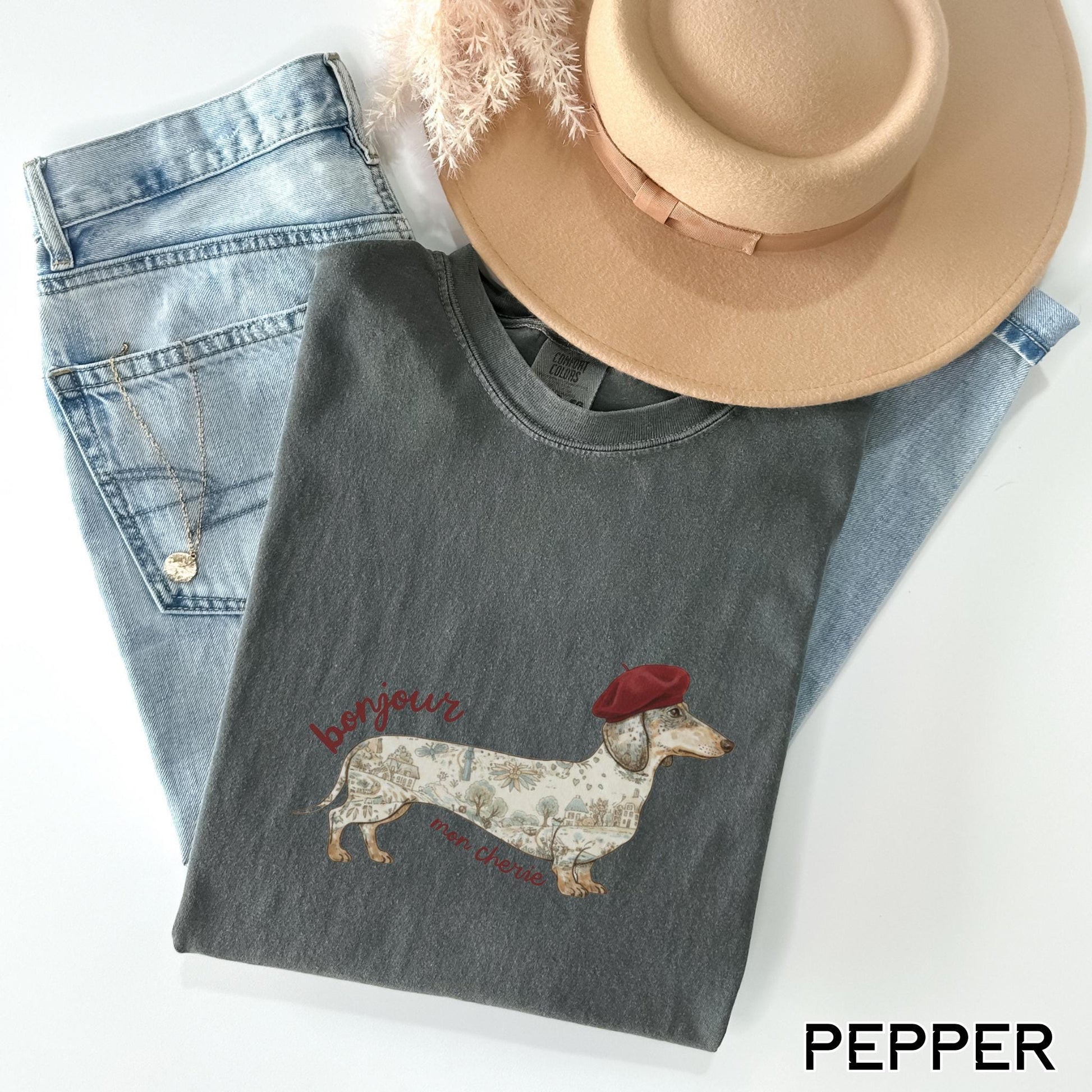 Dachshund Graphic Tee Shirt Gift Dog Mom Wiener Dog Owner Apparel French Theme Vintage Map Design Shirt Comfort Color Garment Dyed Shirt