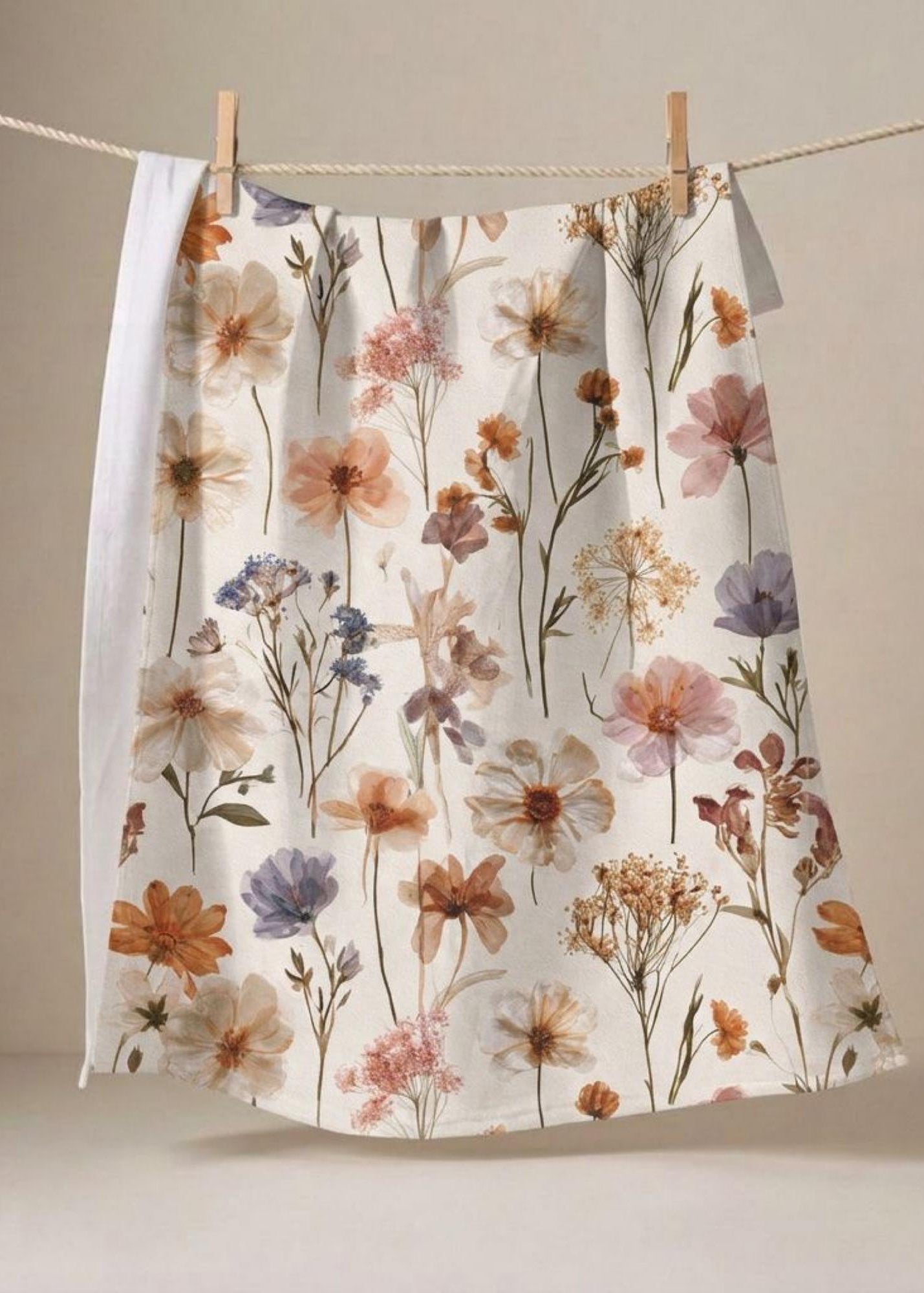 Boho Farmhouse Kitchen Towel Cottagecore Aesthetic Home Interior Floral Tea Towel Wildflower Botanical Print Pressed Flower Design Peach Pink Lavender Palette Hostess Gift Essential Entertaining Kitchen Cloth Cotton Poly Fabric 18x30 Inch