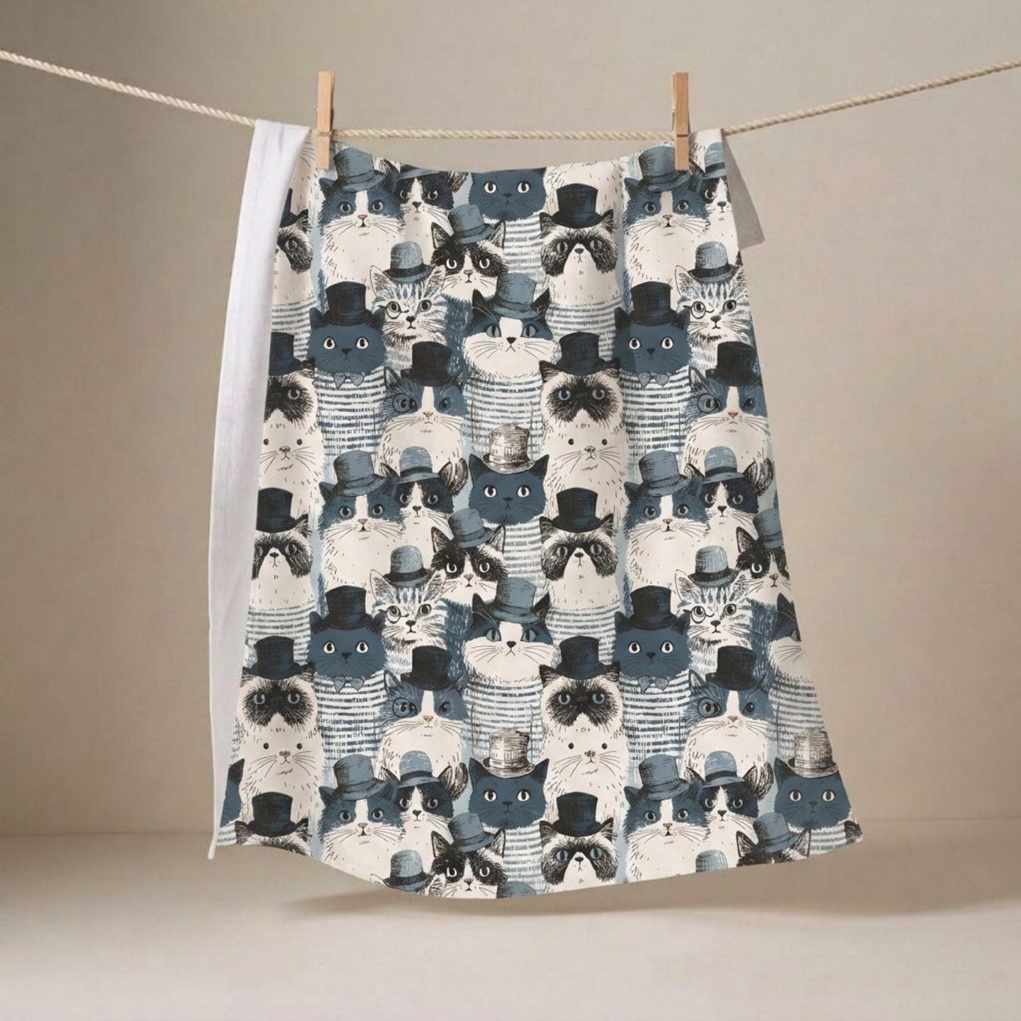 Cat Kitchen Towel Perfect Gift Tea Lover Cat Parent Home Chef Present Cotton Dish Cloth Victorian Gentleman Design Feline Pattern Top Hat Bow Tie Formal Attire Muted Color Palette Foodie Kitchen Essential Housewarming Present Unique Home