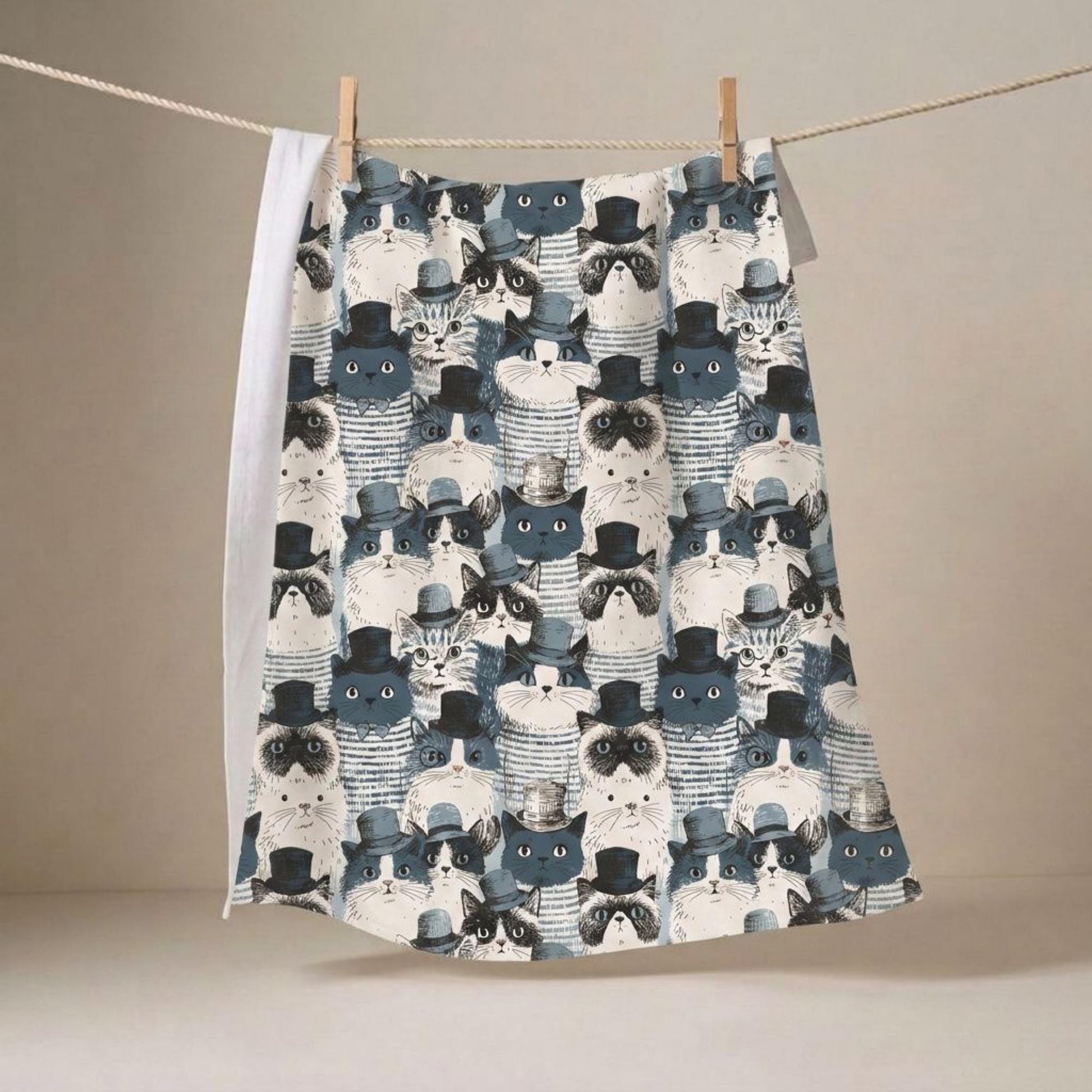 Cat Kitchen Towel Perfect Gift Tea Lover Cat Parent Home Chef Present Cotton Dish Cloth Victorian Gentleman Design Feline Pattern Top Hat Bow Tie Formal Attire Muted Color Palette Foodie Kitchen Essential Housewarming Present Unique Home