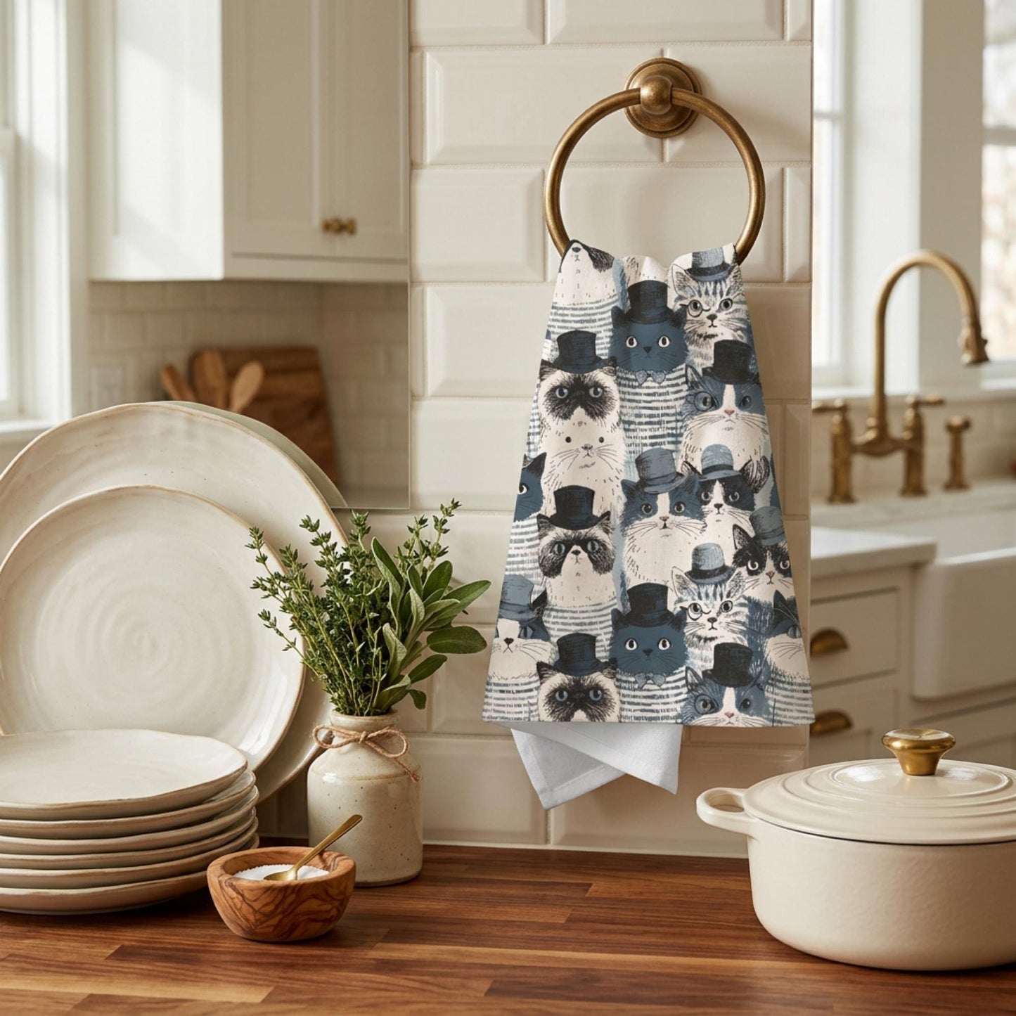 Cat Kitchen Towel Home Chef Meal Prepper Foodie Gift Tea Lover Cat Parent Tea Drinker Cotton Cloth Dish Housewarming Victorian Gentleman