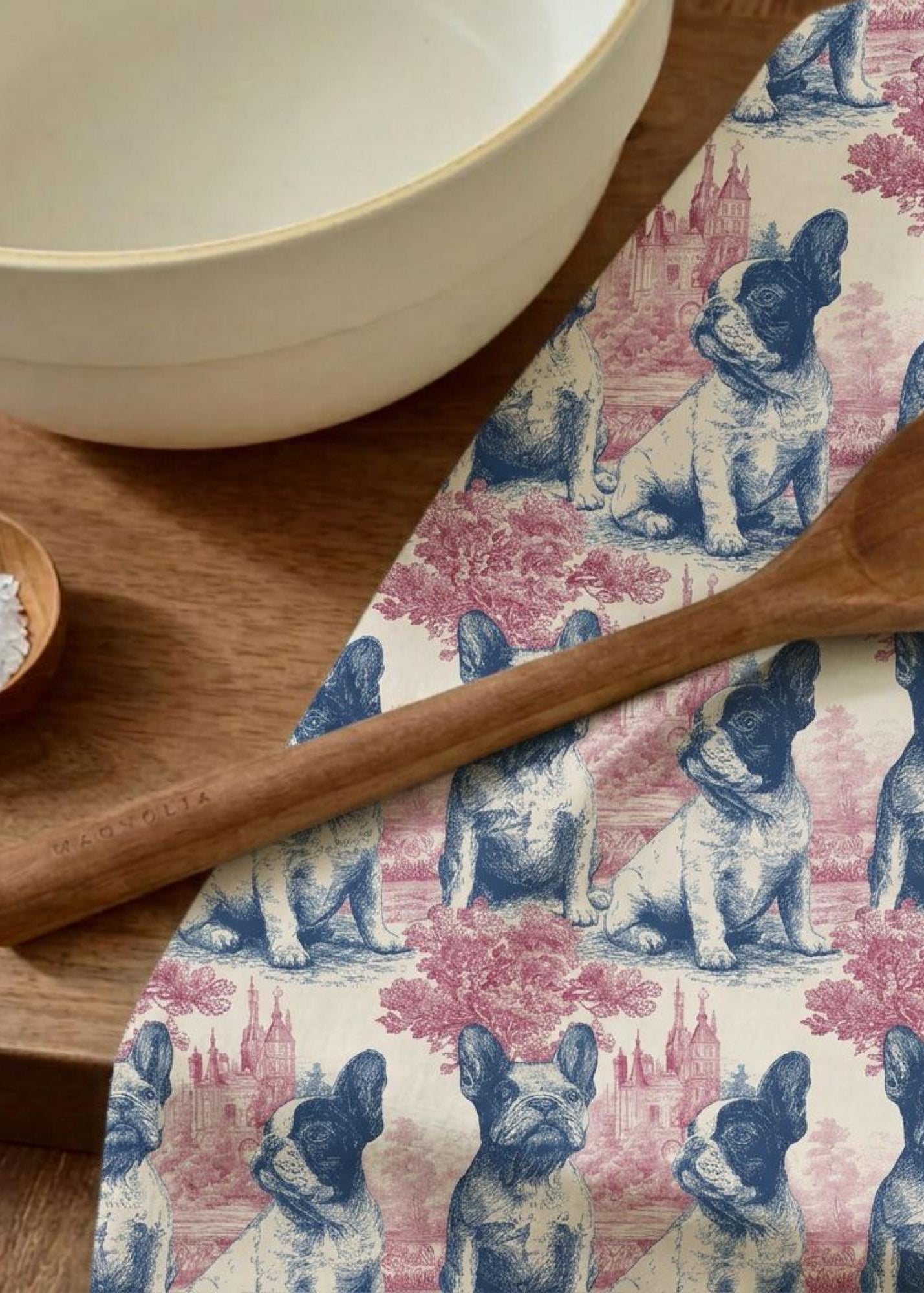 French Bulldog Kitchen Towel Gift Dog Lover Present Farmhouse Style Cotton Dish Cloth Absorbent Hemmed Tea Towel Toile Pattern Design Blue Pink Cream Background Frenchie Fan Housewarming Gift Dog Owner Present Kitchen Textile Collection