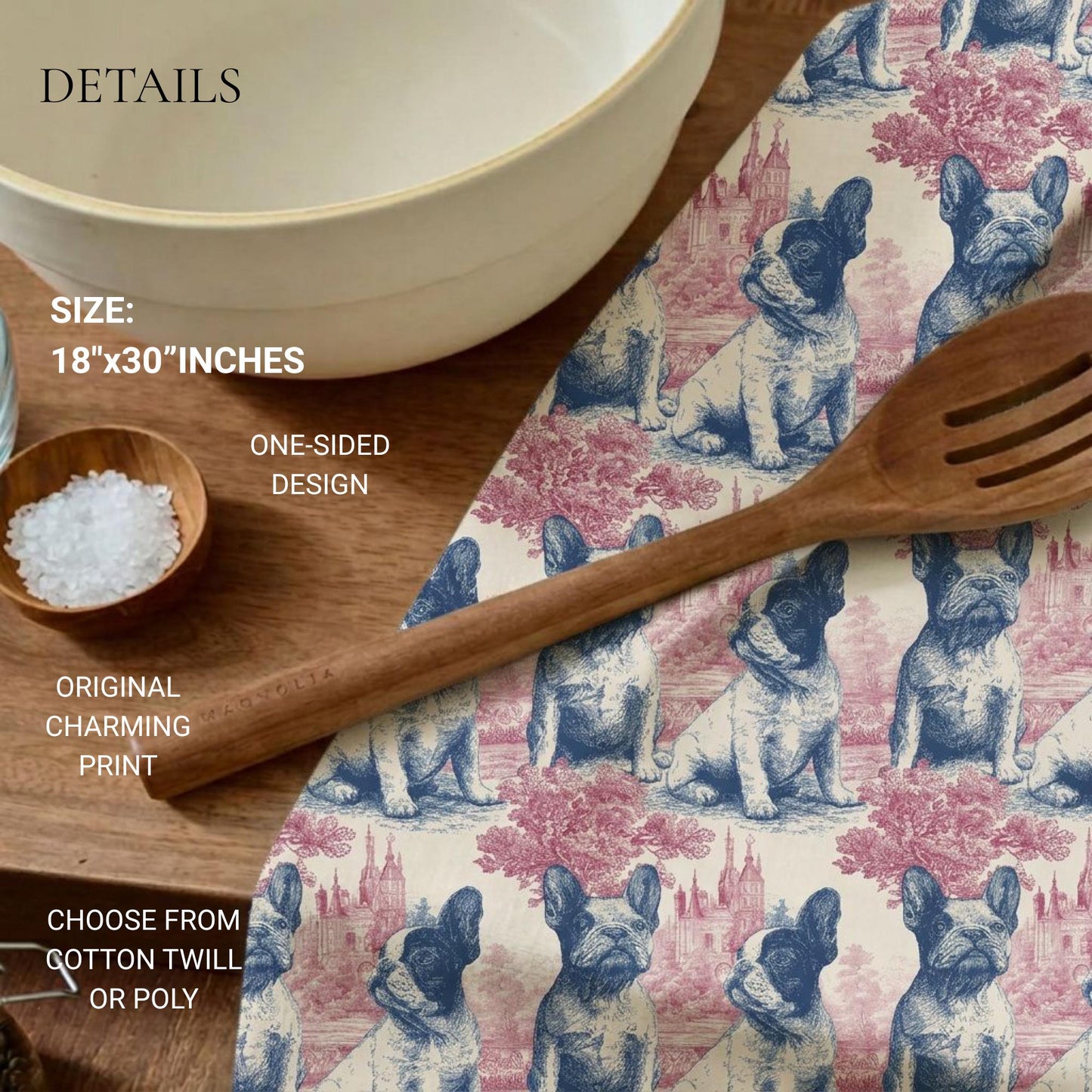 French Bulldog Towel Kitchen Gift Dog Fan Housewarming Present Farmhouse Style Cotton Hemmed Towel Absorbent Dish Cloth Toile Pattern Blue