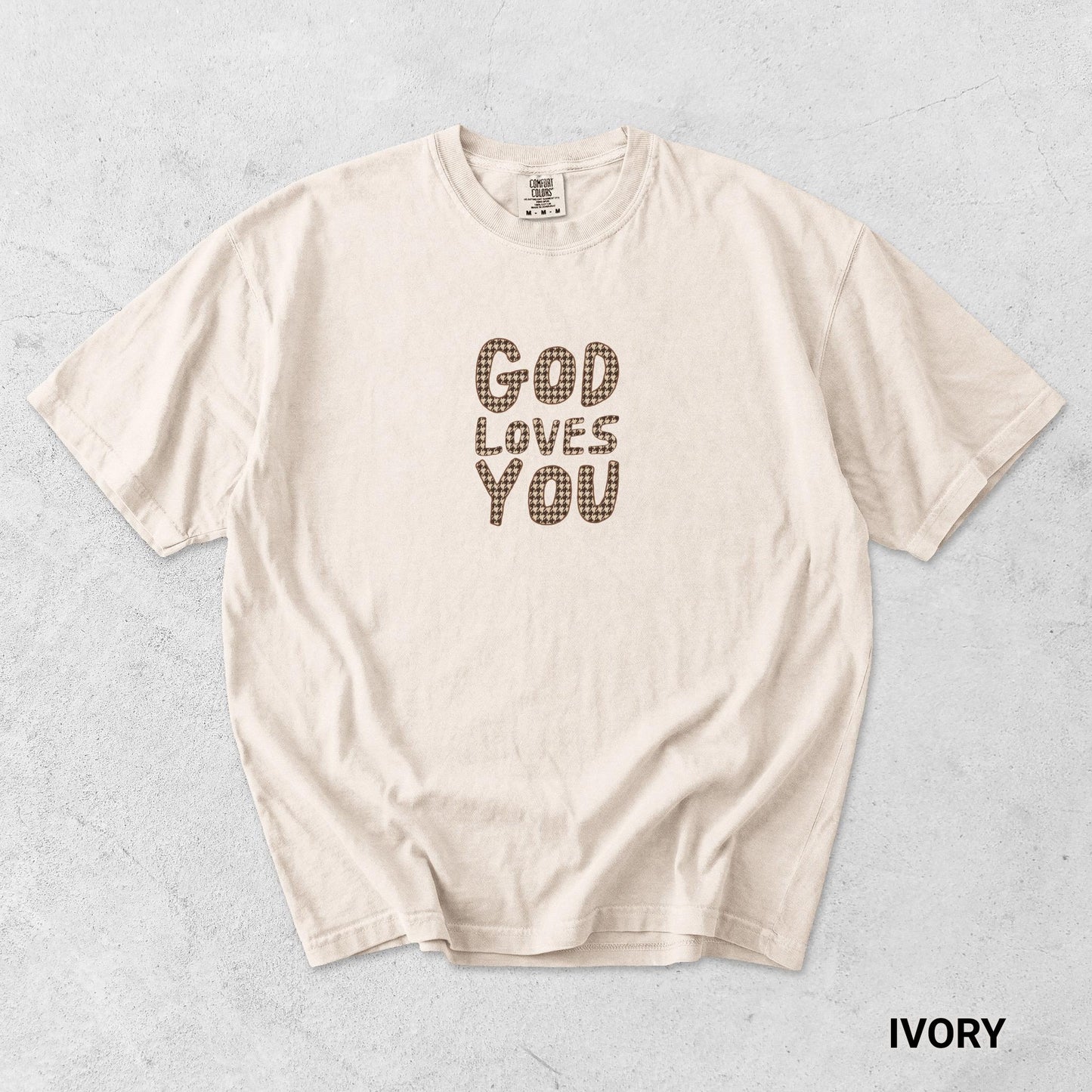 Christian Faith Houndstooth god loves you graphic t-shirt comfort color top