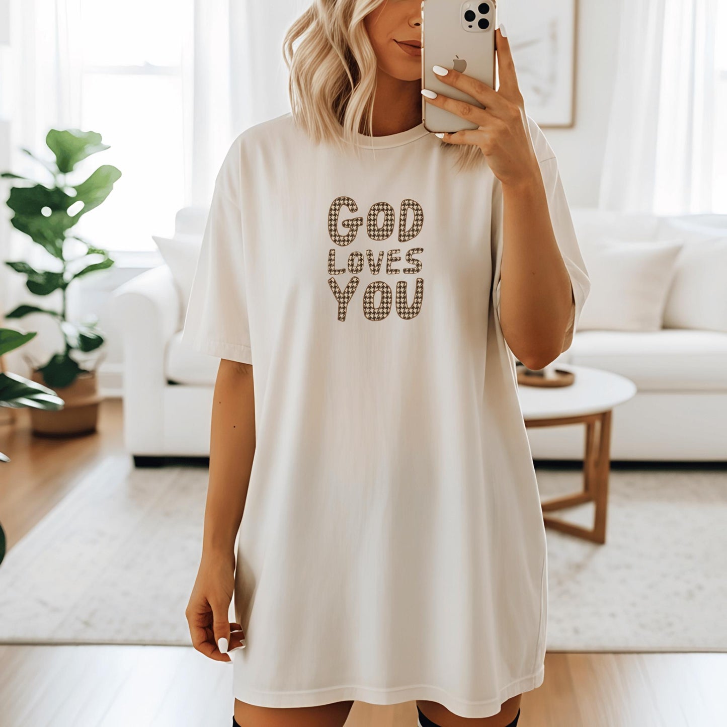 Christian Faith Houndstooth god loves you graphic t-shirt comfort color top