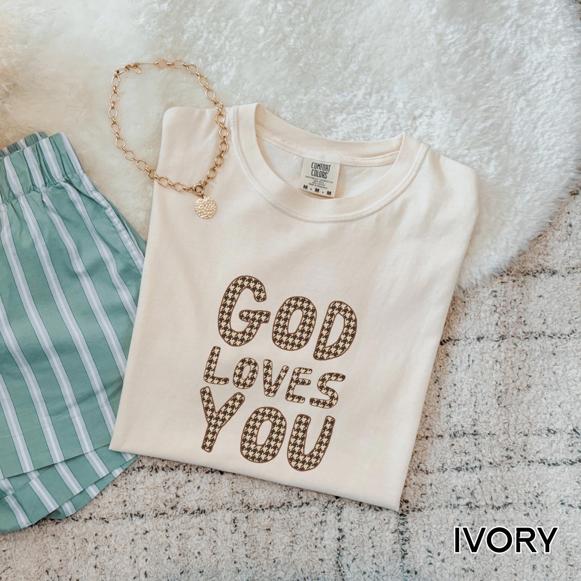 Christian Faith Houndstooth god loves you graphic t-shirt comfort color top