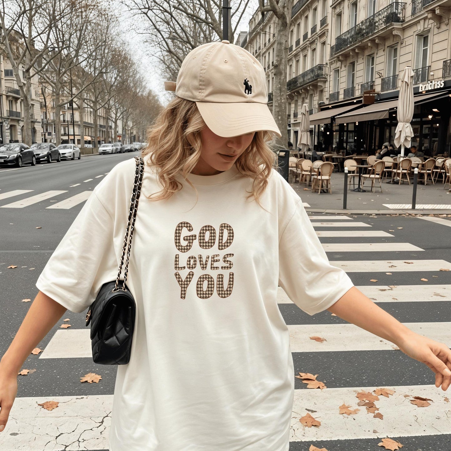 Christian Faith Houndstooth god loves you graphic t-shirt comfort color top