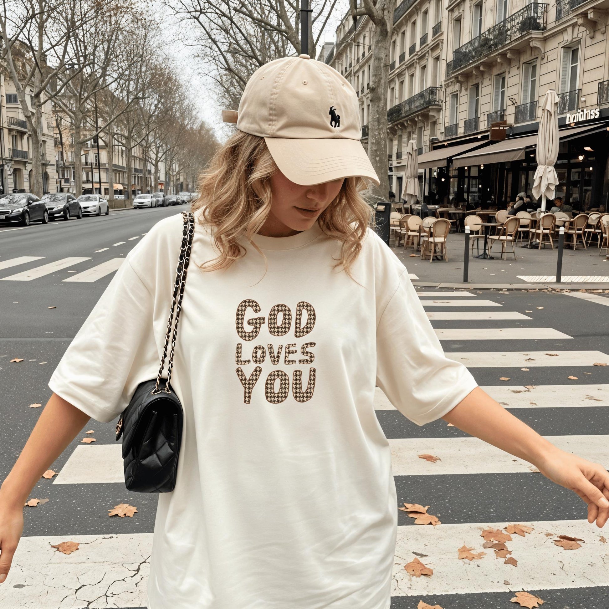 Christian Faith Houndstooth god loves you graphic t-shirt comfort color top