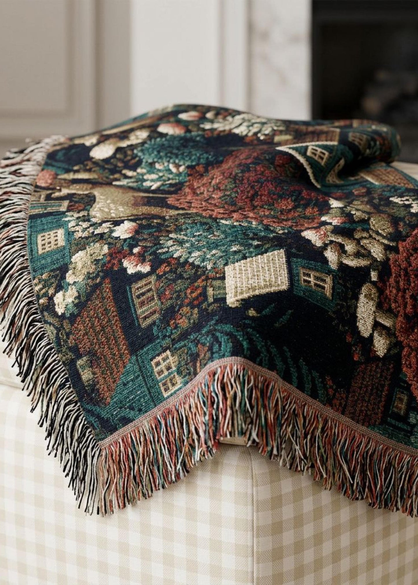 Cottagecore Farmhouse Throw Blanket Rustic Country Living Room Woven Tapestry Design Autumn Woodland Deer Scene Fall Foliage Colors Cotton Fringed Edges Cozy Home Styling Nature Wildlife Gift Holiday Seasonal Accent Teal Rust Brown Cream