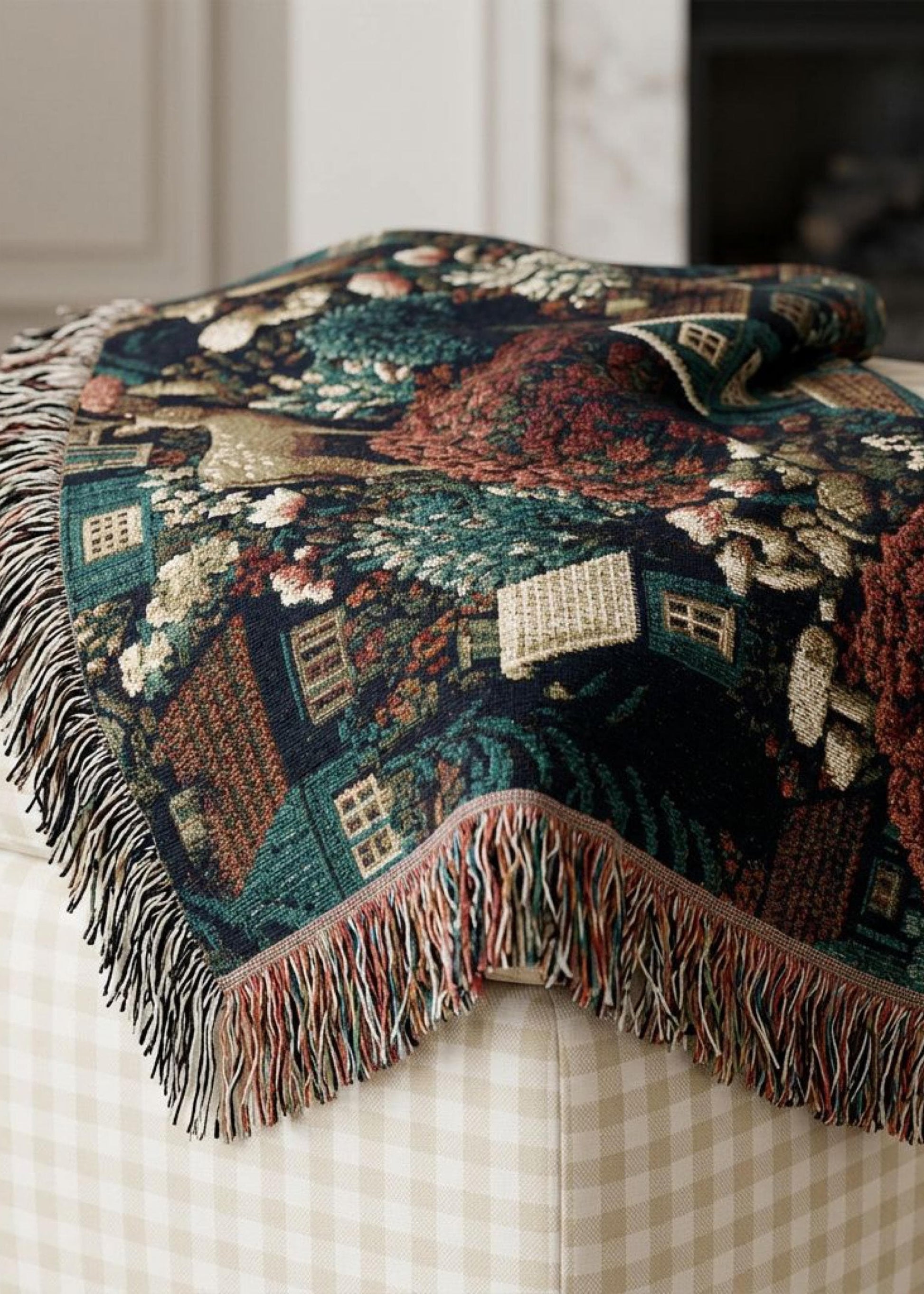 Cottagecore Farmhouse Throw Blanket Rustic Country Living Room Woven Tapestry Design Autumn Woodland Deer Scene Fall Foliage Colors Cotton Fringed Edges Cozy Home Styling Nature Wildlife Gift Holiday Seasonal Accent Teal Rust Brown Cream
