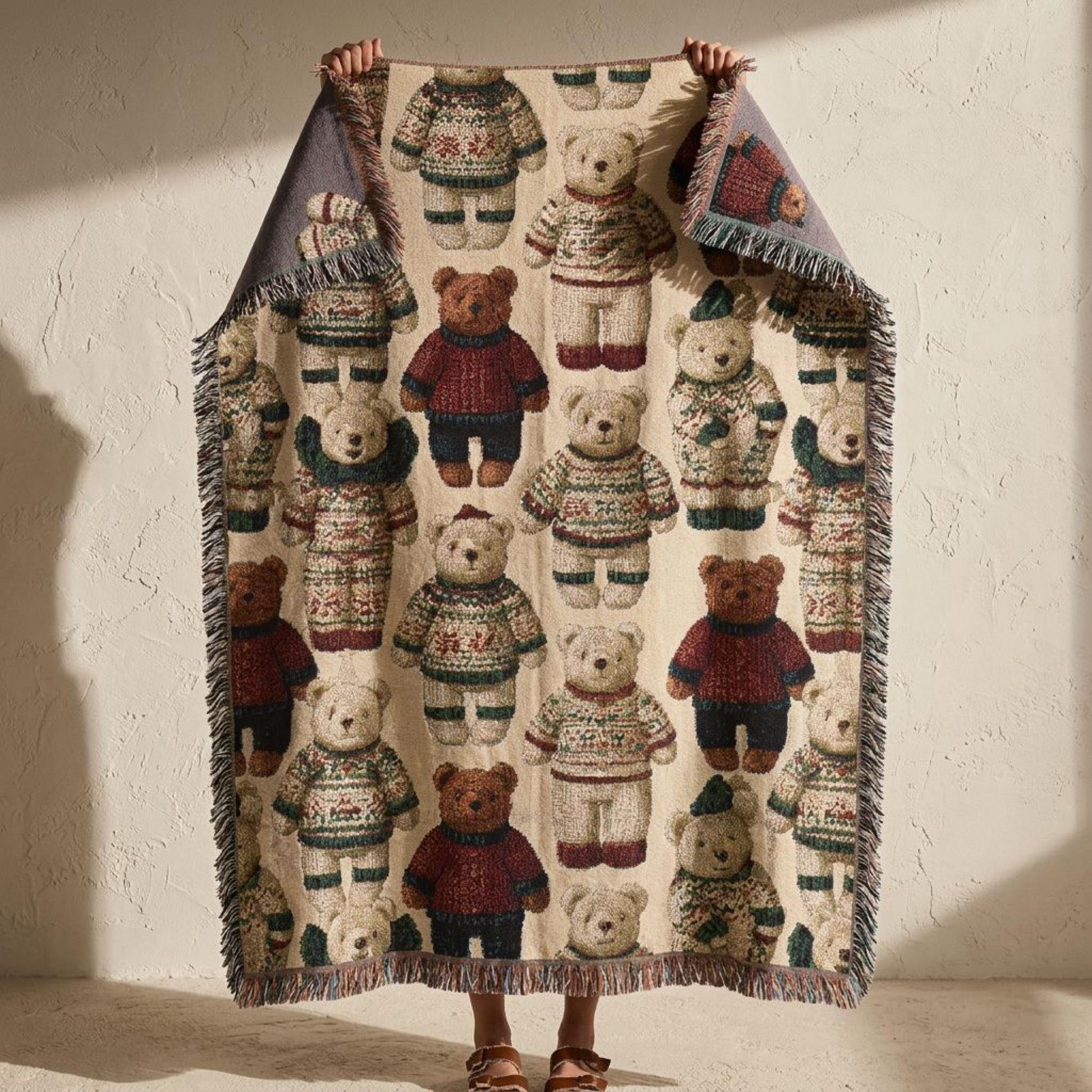 Teddy Bear Blanket Christmas Gift Children Nursery Winter Throw Cotton Woven Tapestry Fringe Farmhouse Holiday Cozy Sofa Chair Accent Cream