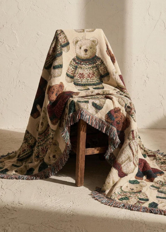 Cotton Throw Blanket Christmas Gift Children Teddy Bear Pattern Winter Sweater Design Cream Fringe Farmhouse Holiday Home Cozy Nursery Woven Tapestry Textile Brown Bear Fair Isle Knit Pattern Festive Season Sofa Chair Accent Perfect Present