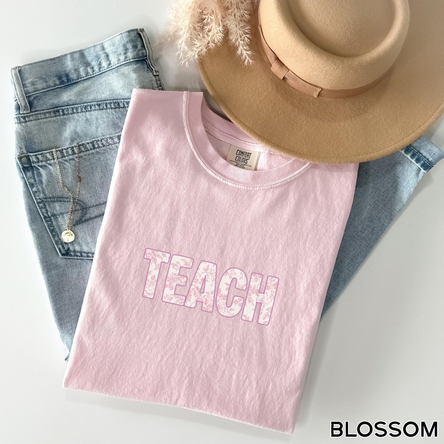 pink french toile teach graphic t-shirt comfort color garment dyed tee
