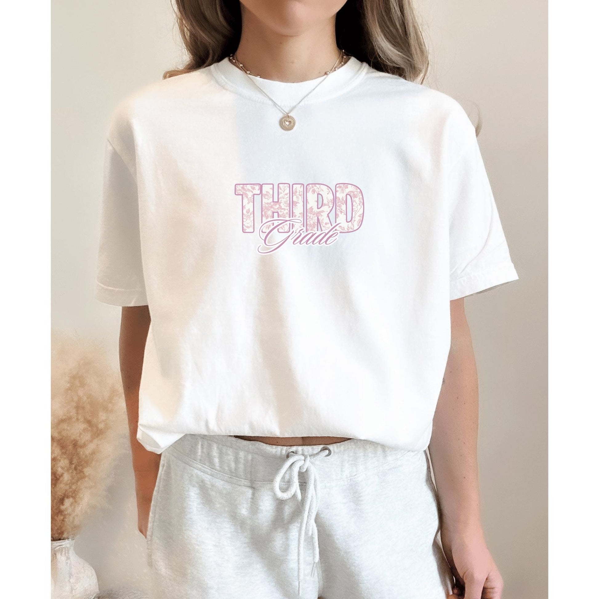 Pink French toile third grade level teacher back to school class preppy graphic t-shirt comfort color garment dyed tee