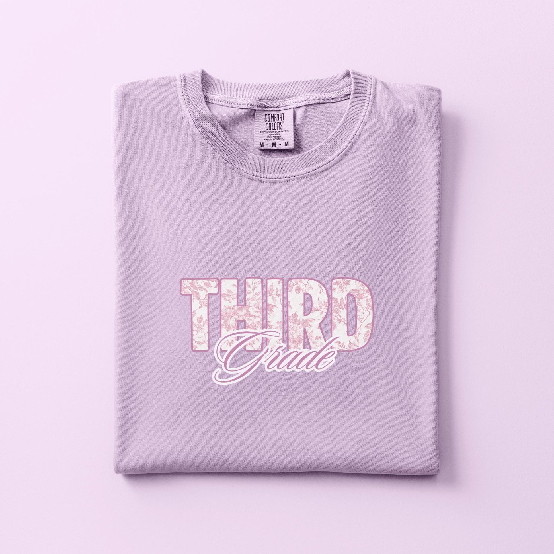 Pink French toile third grade level teacher back to school class preppy graphic t-shirt comfort color garment dyed tee