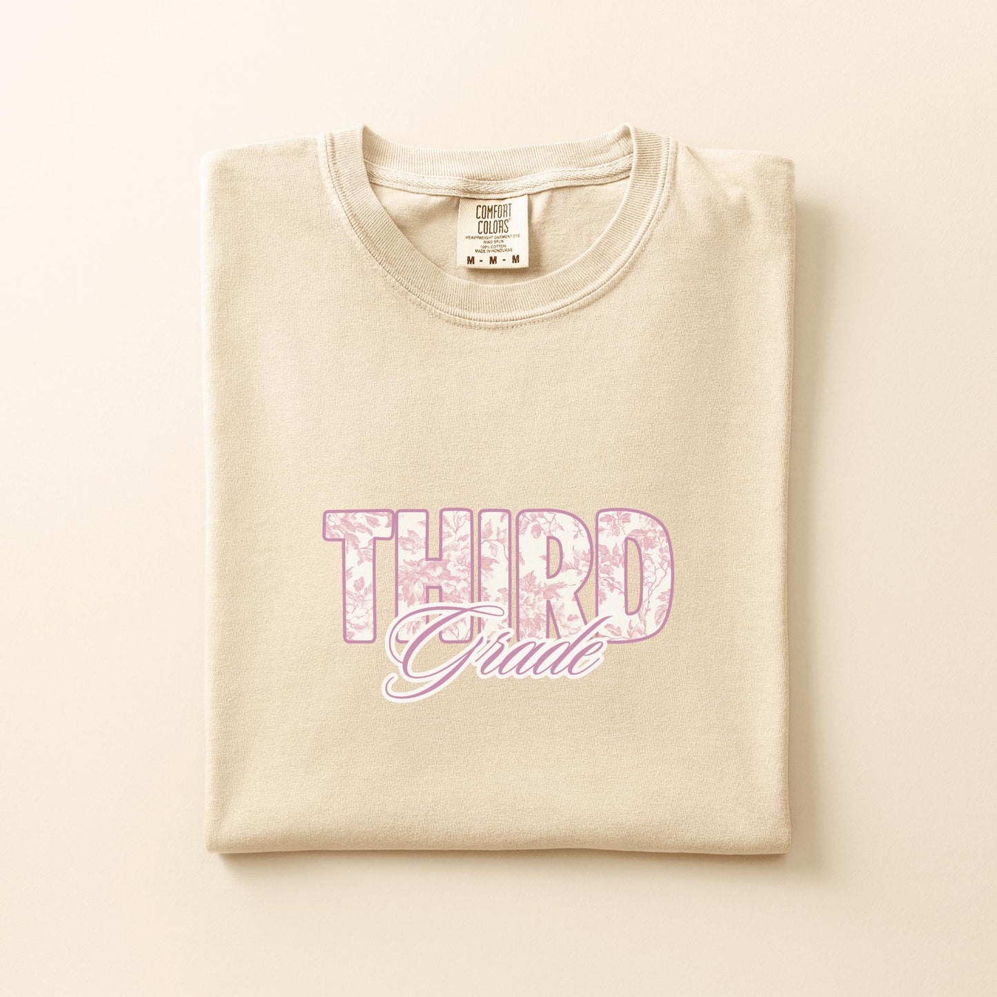 Pink French toile third grade level teacher back to school class preppy graphic t-shirt comfort color garment dyed tee