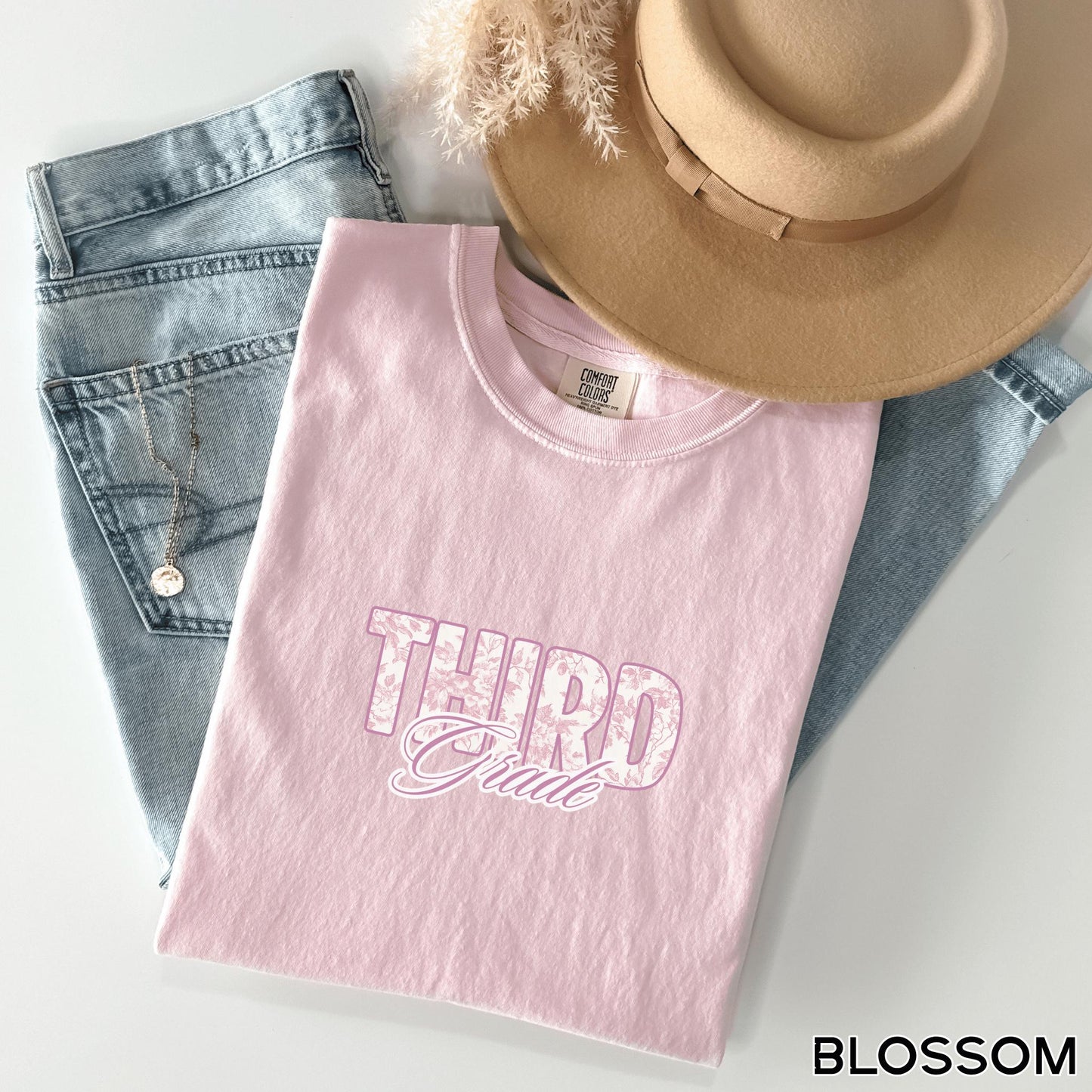 Pink French toile third grade level teacher back to school class preppy graphic t-shirt comfort color garment dyed tee