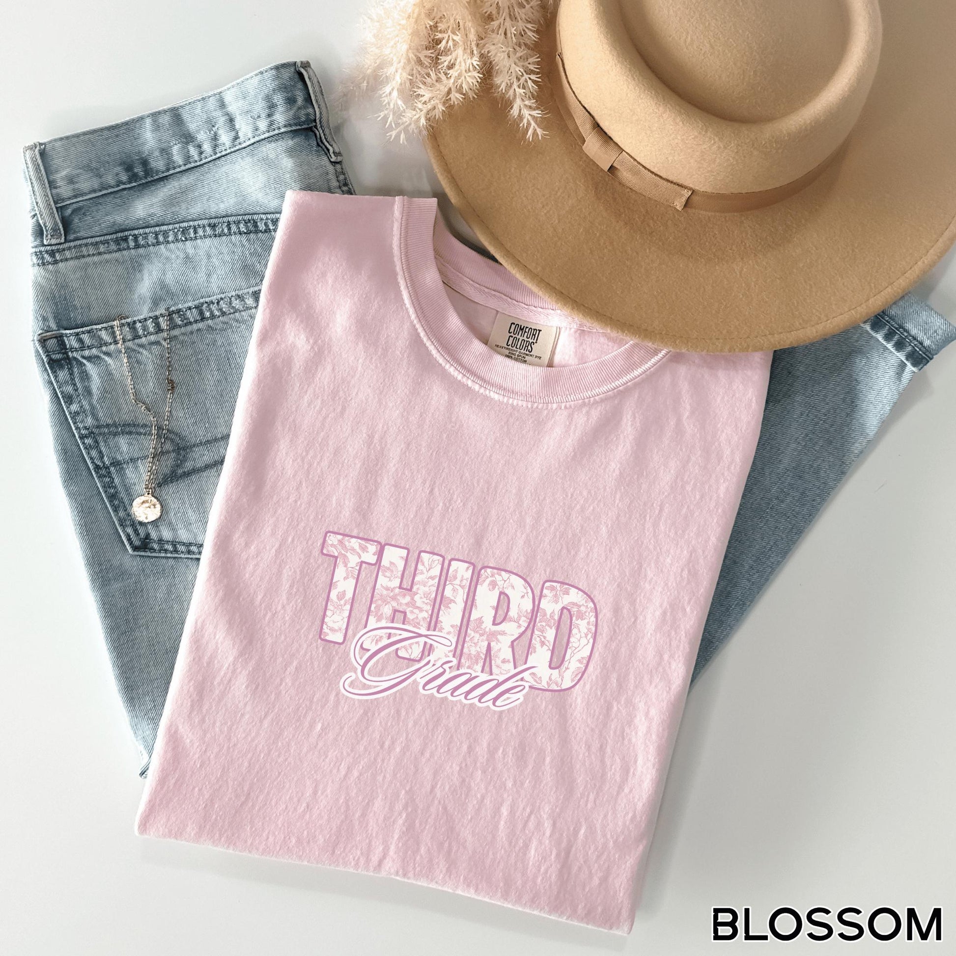 Pink French toile third grade level teacher back to school class preppy graphic t-shirt comfort color garment dyed tee