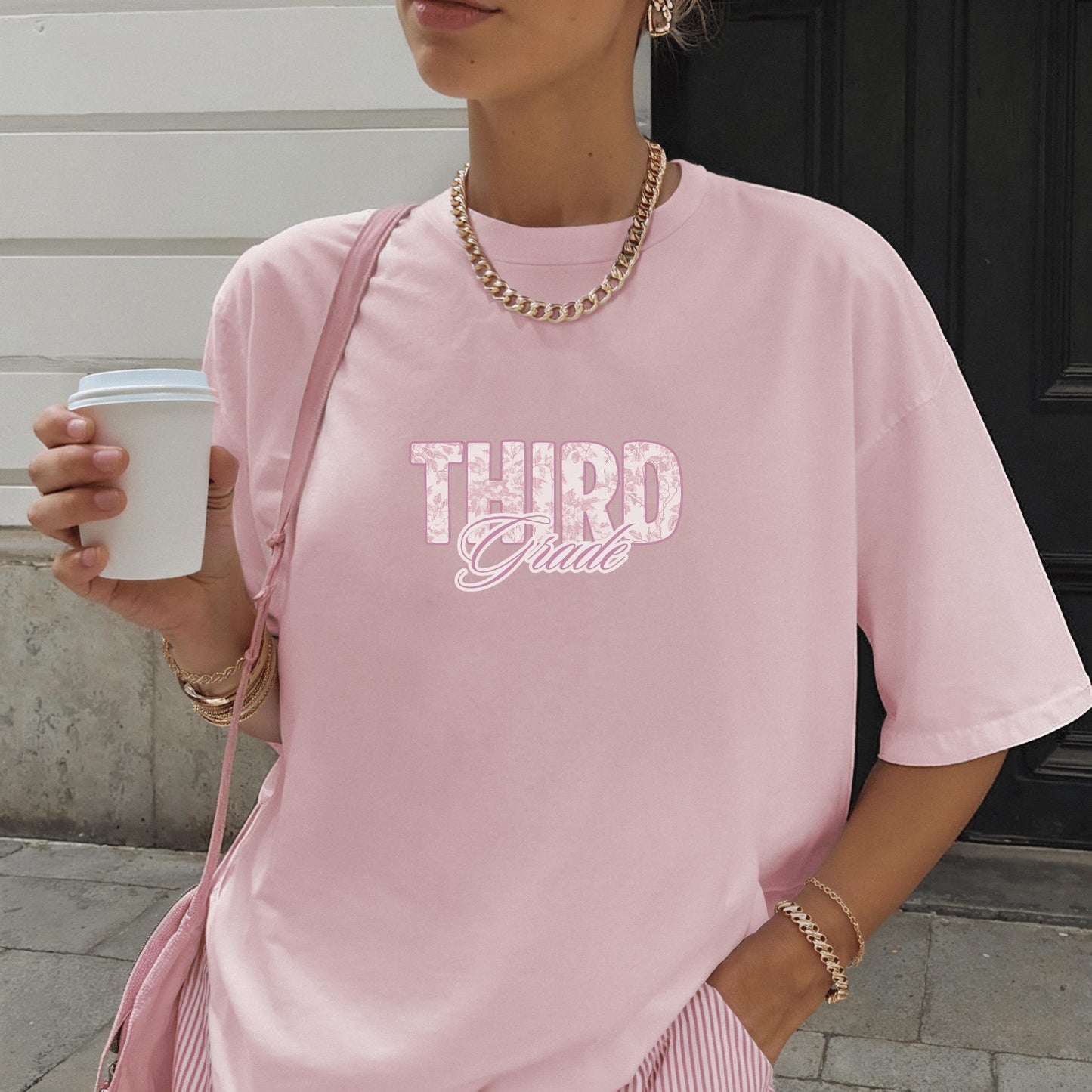 Pink French toile third grade level teacher back to school class preppy graphic t-shirt comfort color garment dyed tee