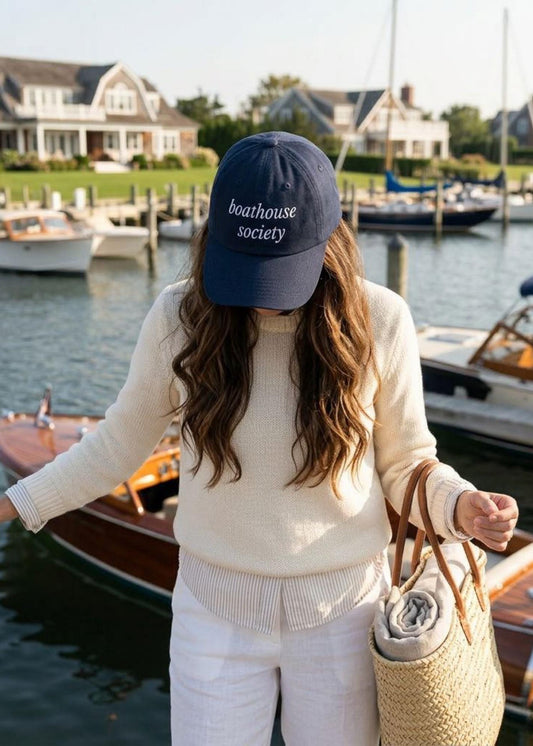 Navy Blue Dad Hat Cotton Baseball Cap Embroidered Text Design Adjustable Strap Brass Buckle Closure Curved Brim Style Boat Owner Gift Yacht Club Fashion Sailing Sport Essential Lake House Cabin Life Accessory Casual Nautical Headwear Summer