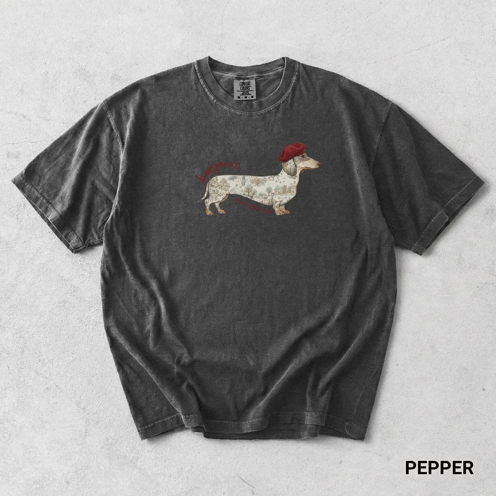 Dachshund Graphic Tee Shirt Gift Dog Mom Wiener Dog Owner Apparel French Theme Vintage Map Design Shirt Comfort Color Garment Dyed Shirt