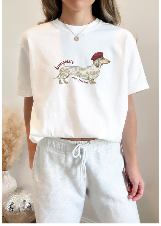 Dachshund Graphic Tee Shirt Gift Dog Mom Wiener Dog Owner Apparel French Theme Vintage Map Design Shirt Comfort Color Garment Dyed Shirt
