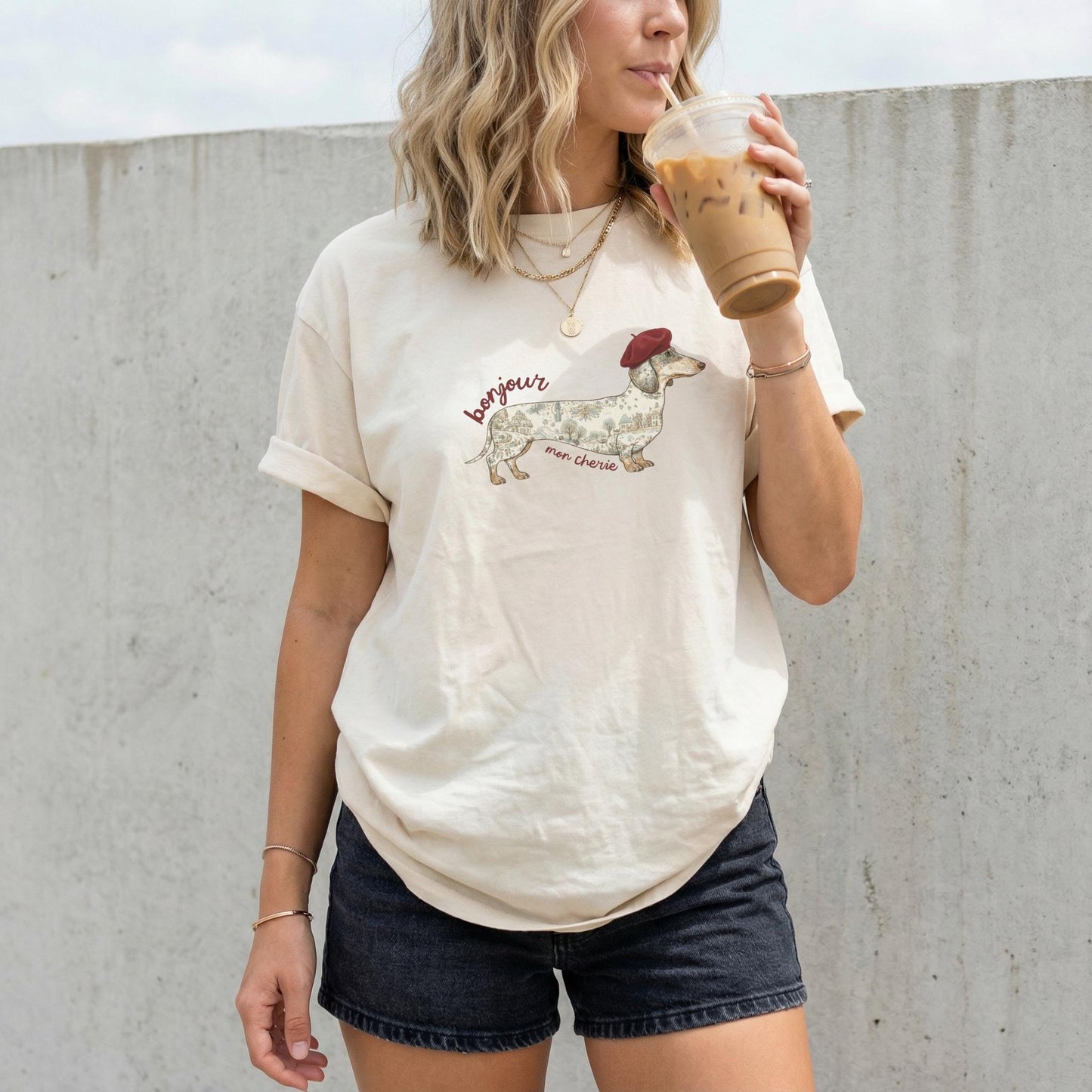 Dachshund Graphic Tee Shirt Gift Dog Mom Wiener Dog Owner Apparel French Theme Vintage Map Design Shirt Unisex Cotton Comfort Clothing Doxie Fan Bonjour Print Cream Color Garment Dyed Tee Casual Wear Dog Lover Present Pet Parent Fashion