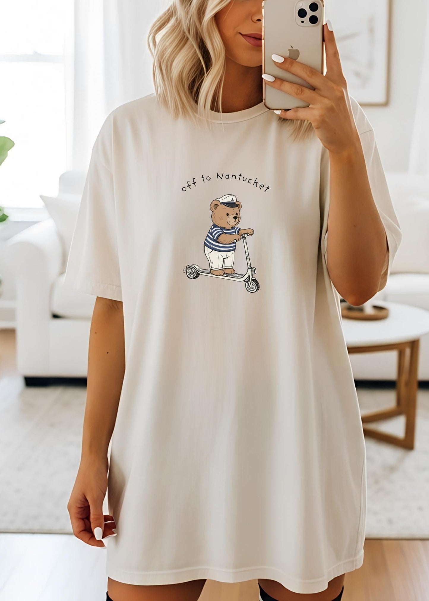 Oversized Tshirt Dress Cape Cod Beach Shirt Nantucket Vacation Destination Travel Retro Massachusetts East Coast Casual Summer Nautical Women Cotton Comfort Graphic Tunic Preppy Tourist Style Bear Scooter Design Cream Color Relaxed Fit