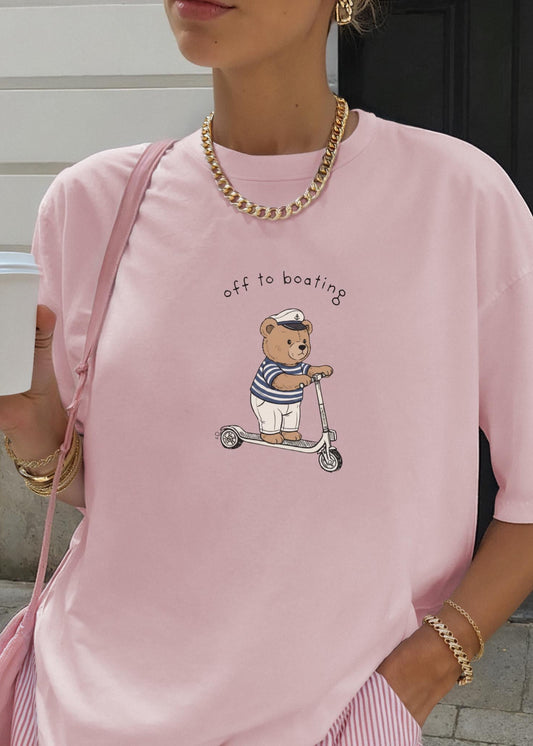 Oversized Pink Tshirt Women Nautical Graphic Tee Teddy Bear Sailor Design Boat Life Lake House Coastal Style Perfect Gift Sailing Apparel Yacht Club Beach Vacation Preppy Fashion Summer Wardrobe Essential Cotton Comfort Top Casual Outfit